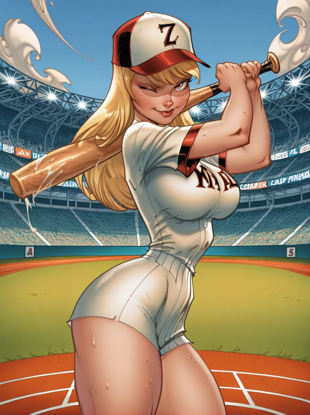 JCampellXL,
girl holding a baseball bat, stadium, sweat, cap, baseball uniform, large breasts, narrow waist, wide hips, thick thighs, looking at viewer, cowboy shot, dynamic pose, cute, wide shot, solo, sexually suggestive, light smile, one eye closed, angry, from side, skindentation,, blonde hair, 
<lora:AScottCampell_style:1>