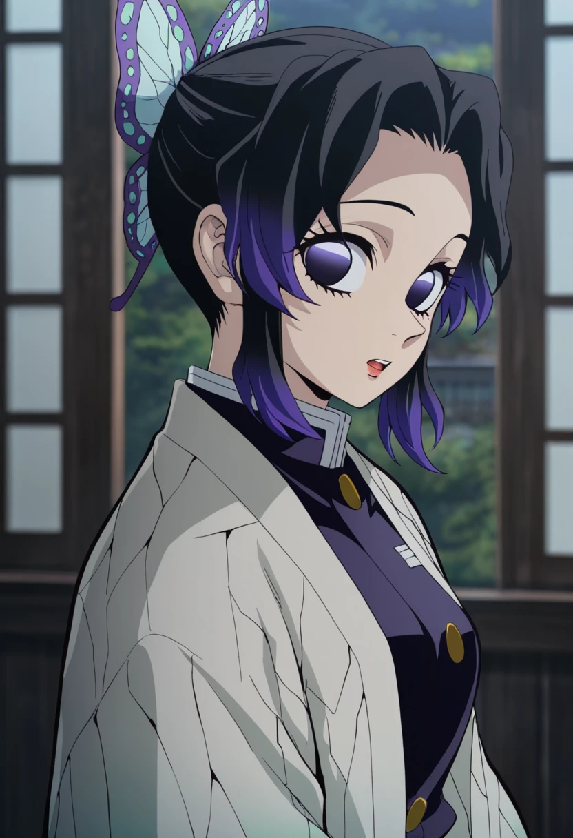 masterpiece, best quality, good quality, very awa, newest, highres, absurdres,outdoors,ShinobuKocho-DemonSlayer,
shinobu kocho \(demon slayer\), 1girl, solo, looking at viewer, short hair, open mouth, black hair, hair ornament, purple eyes, upper body, purple hair, multicolored hair, japanese clothes, indoors, window, butterfly hair ornament, haori, no pupils, demon slayer uniform, two-tone hair, purple jacket
,<lora:Shinobu Kocho (Demon Slayer) Illustrious v3:0.8>