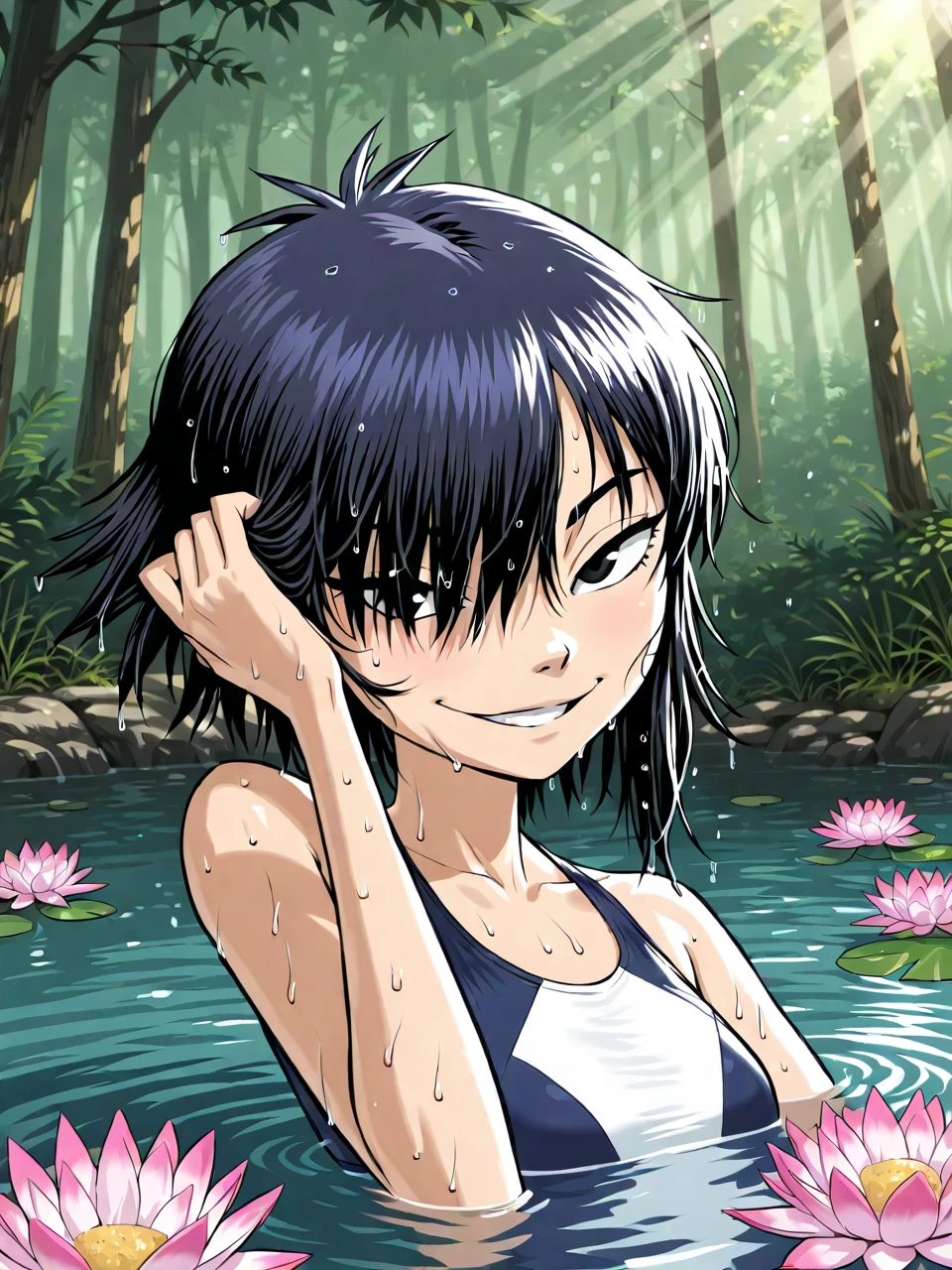 (masterpiece,best quality,newest,absurdres,highres), N00dl3P2, 1girl, solo, short hair, black hair, hair over one eye, black eyes, swimsuit, half submerged, wet hair, head tilted back, hand under hair, water droplets on face, glare, (seductive smile), looking at viewer, light particles, light rays, sunbeam, mystical forest, water lily, flower, reed <lora:Noodle_Phase2_IllustriousXL:0.8>