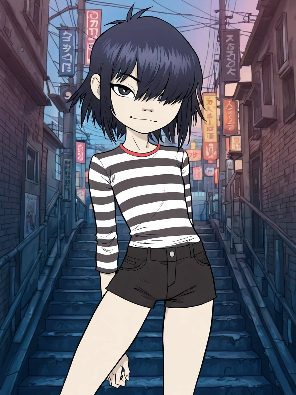 (masterpiece,best quality,newest,absurdres,highres), N00dl3P2, 1girl, solo, short hair, black hair, hair over one eye, black eyes, black shorts, striped shirt, music video still, vibrant colors, subtle grunge, melancholy atmosphere, detailed character design, street art influences, dynamic pose, urban background <lora:Noodle_Phase2_IllustriousXL:0.8>