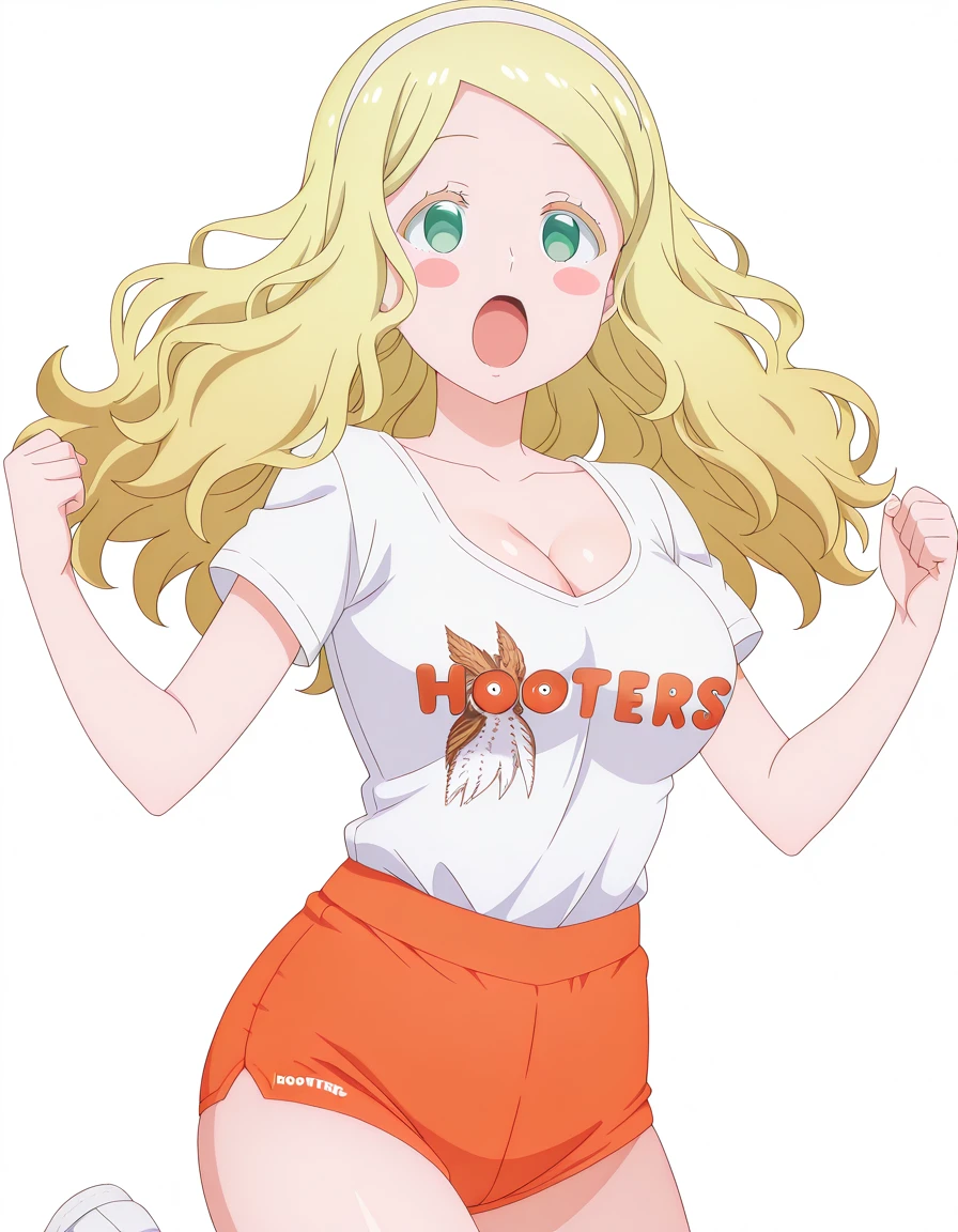 masterpiece, best quality, amazing quality,, <lora:carol-olston-s1-illustriousxl-lora-nochekaiser:1>, carol olston, long hair, blonde hair, green eyes, hairband, blush stickers, mature female, breasts, anime screencap, <lora:hooters-illustriousxl-lora-nochekaiser:1>, hooters, shirt, white shirt, short shorts, clothes writing, brand name imitation, orange shorts, cleavage, <lora:dynamic-pose-illustriousxl-lora-nochekaiser:1>, dynamic pose, jumping, cowboy shot, shaded_face, open mouth, <lora:transparent-background-illustriousxl-lora-nochekaiser:1>, transparent background, simple background, white background, ,