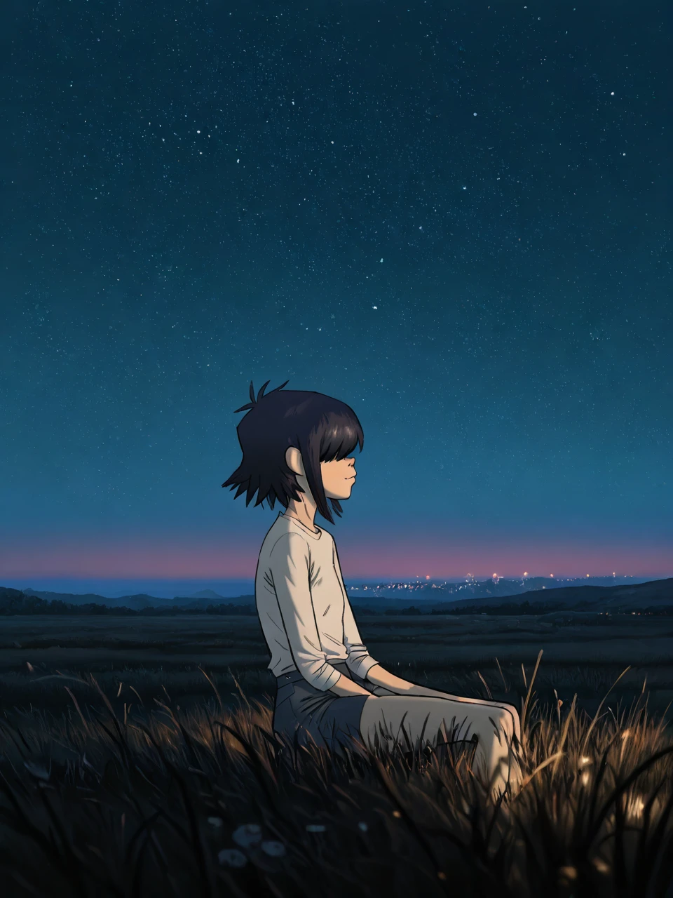 (masterpiece,best quality,newest,absurdres,highres), N00dl3P2, 1girl, solo, short hair, black hair, hair over eyes, romantic, stargazing, open field, night sky, starscape, ethereal lighting, soft rimlight, wide shot, atmospheric, night ambiance <lora:Noodle_Phase2_IllustriousXL:0.8>