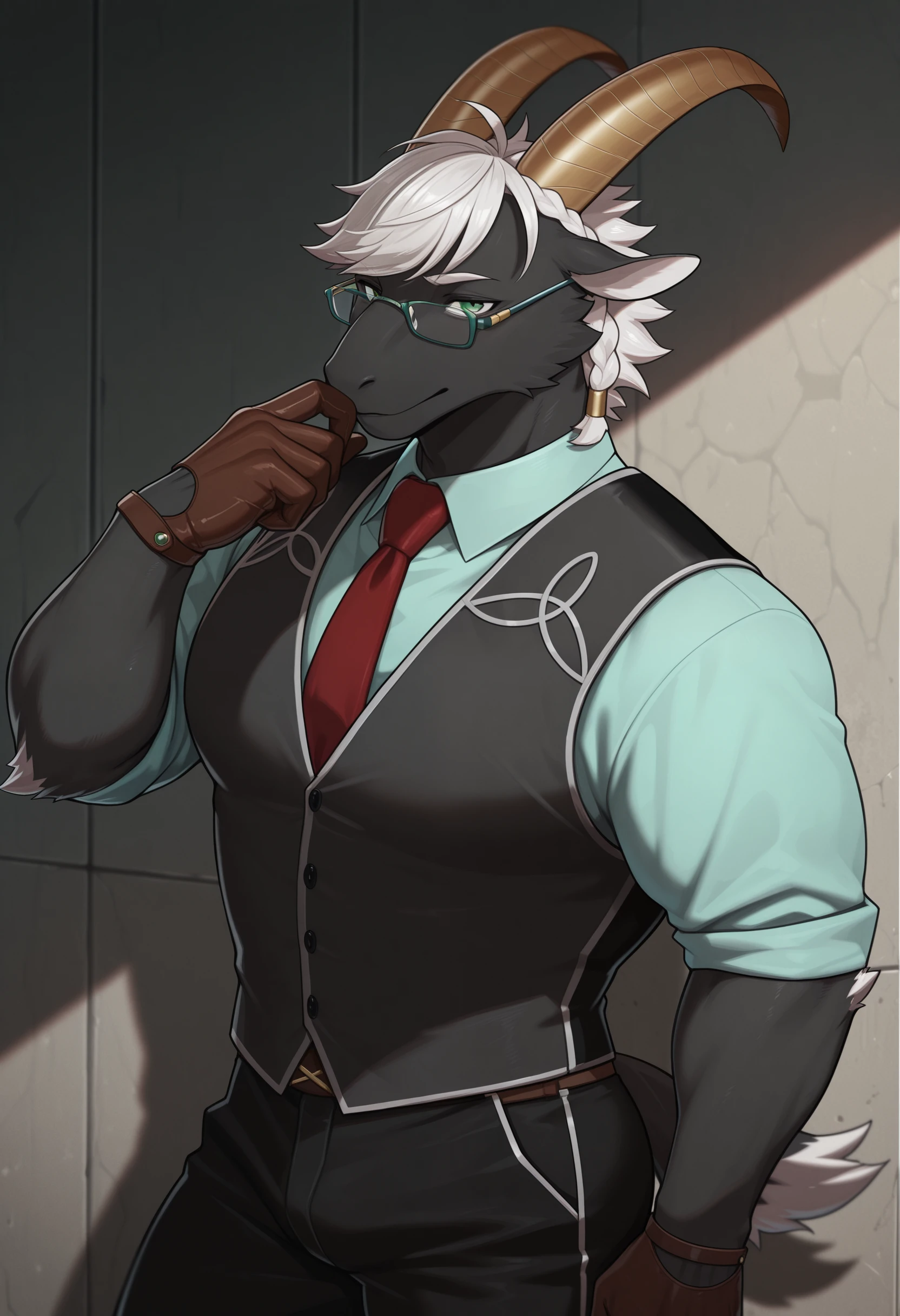 masterpiece, best quality, amazing quality, 1boy, solo, TanngrisnirTAS, Green eyes, Glasses, Vest, Shirt, Black Pants, gloves, necktie