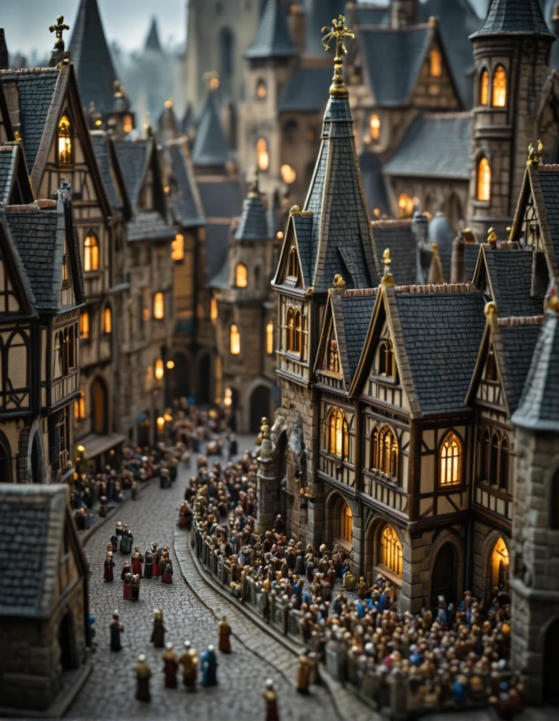<lora:MW_Minis02flux:1> m1md, medieval, epic, epic details, epic scale, absurdres, outdoors, closeup, arches, medieval buildings, medieval windows, bokeh, village square, angel statue, tiny villagers, crowds, medieval city, illuminated windows, lights, gold ornaments,