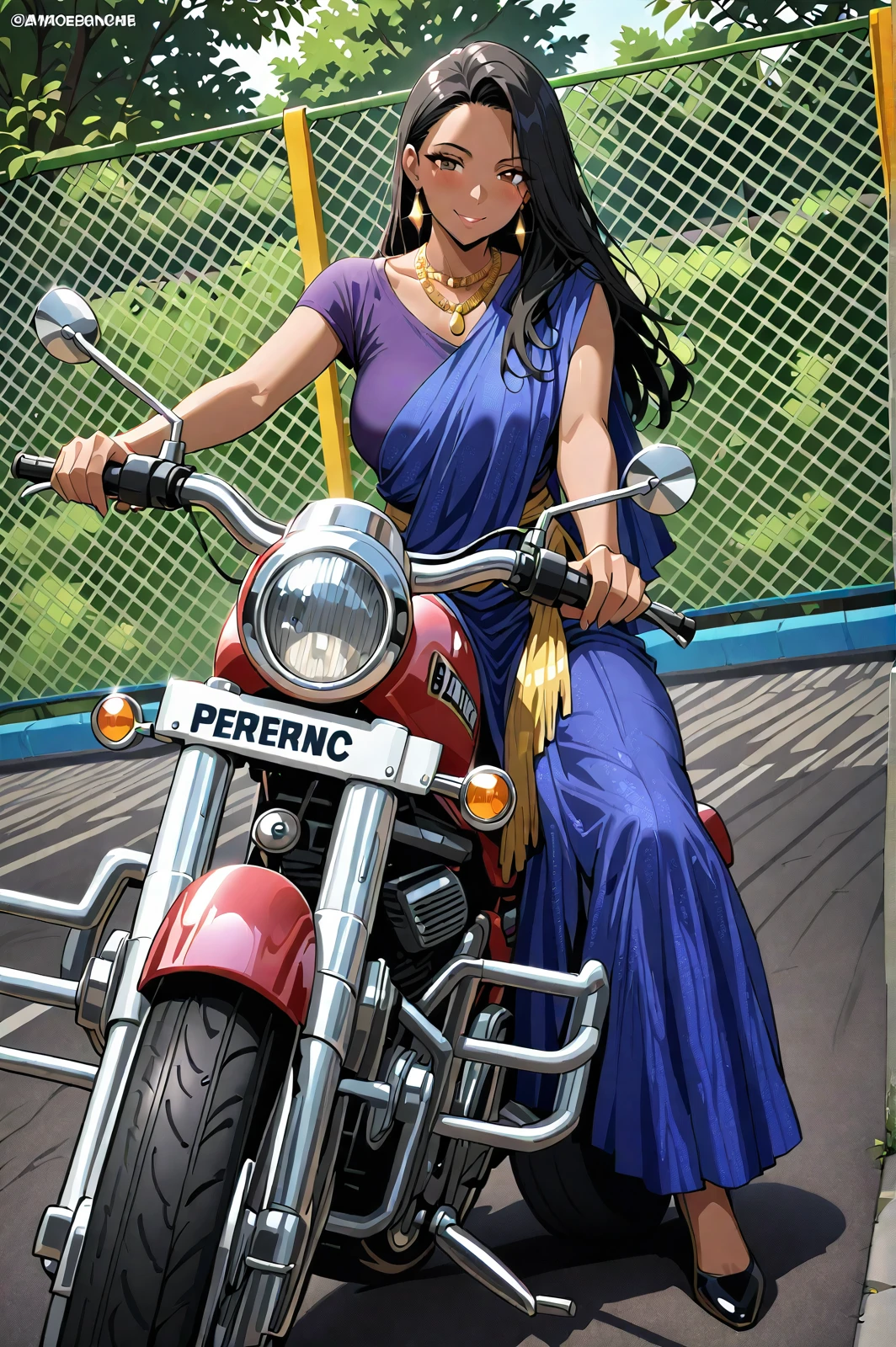 Anime,brown skin, perfect brown eyes, long black hair, wearing a blue and purple sari, gold necklace, gold earrings, masterpiece, best quality, amazing quality, sitting on a motorcycle, looking at viewer, smile, outdoors, parking lot, <lora:Tan_Pokemon_Anime_style_girl:1>