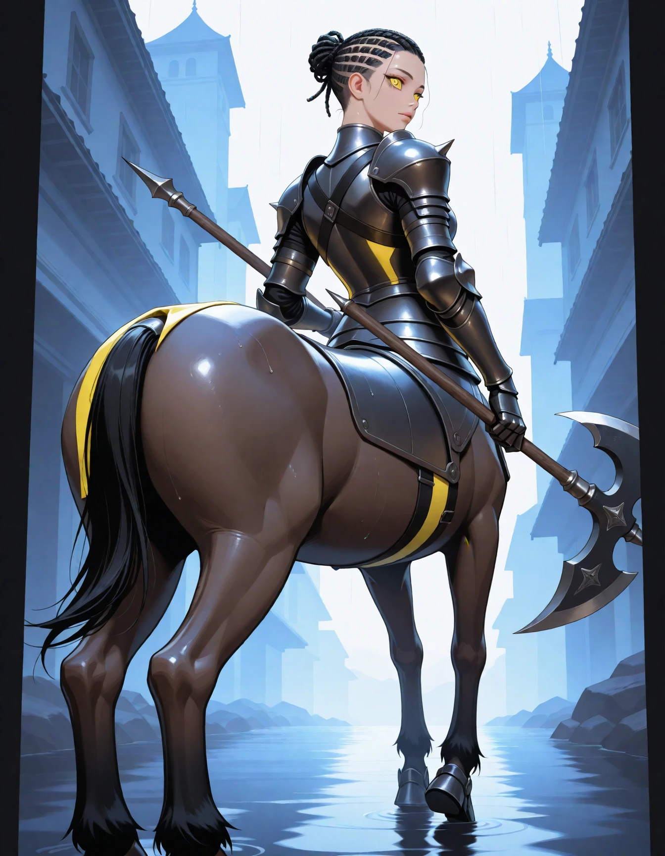 masterpiece, best_quality, very_aesthetic, highres, absurdres, ultra detailed,
<lora:negXL:0.5>
centaur, å人馬, taur, solo, holding weapon, monster boy full armor
holding halberd,
outdoors,rain
looking back,
from below,
Cornrows - Neon Yellow extremely detailed eyes, eyes, fantastic details full face, lips,
close-look,
charcoal theme, oil painting \(medium\), realistic
trending on artstation, pixiv, cgsociety, hyperdetailed Unreal Engine 4k 8k ultra HD,