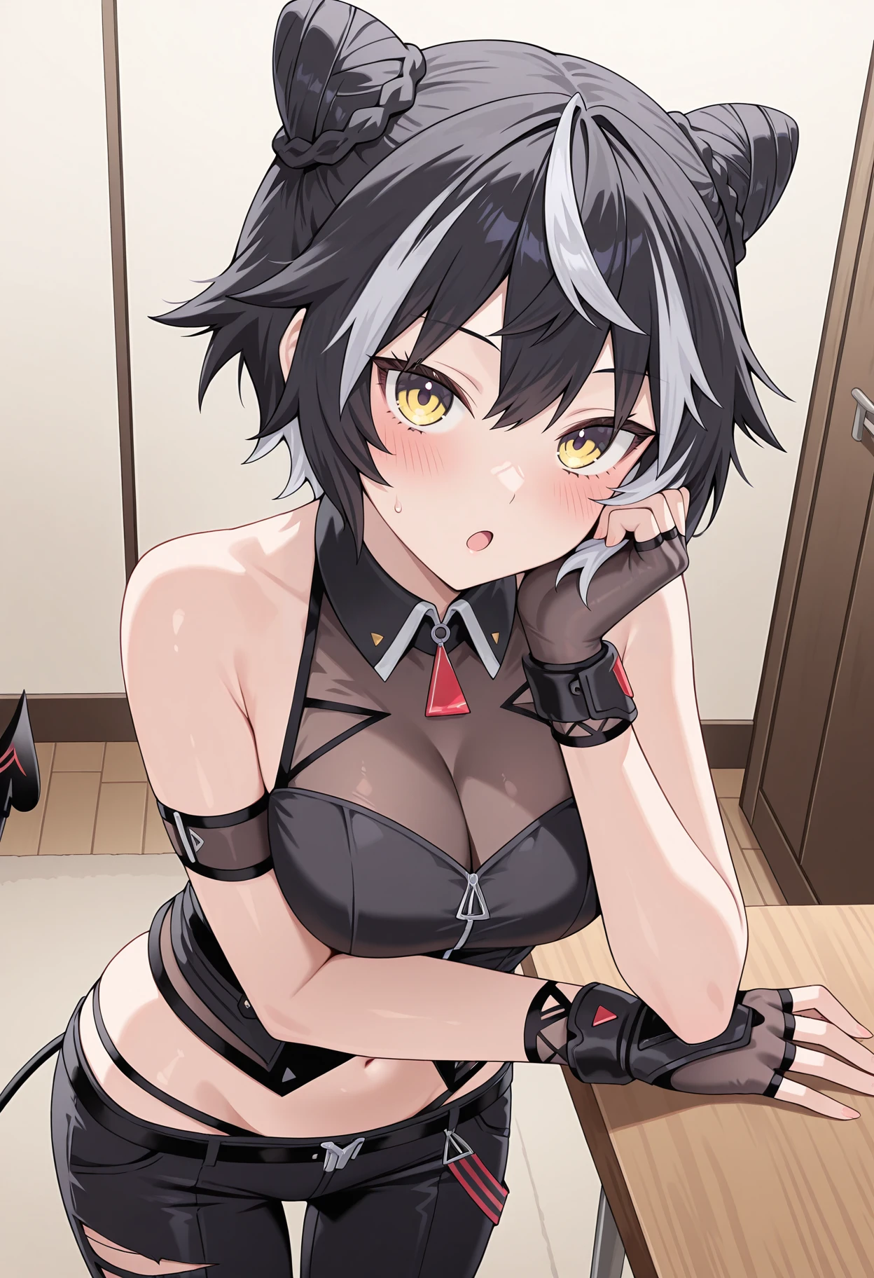 highres, best quality, masterpiece, indoors,
1girl, solo, npjagaa, short hair, two-tone hair, black hair, streaked hair, cone hair bun, double bun, yellow eyes, tail,
njagdef, collared shirt, see-through shirt, see-through cleavage, black shirt, sleeveless, fingerless gloves, midriff, lowleg pants, panties, black pants, torn pants,
looking at viewer, blush, open mouth,
elbow rest, hand up, standing,
<lora:_jagaa_nep-elesico-ilxlAa-000014:1>