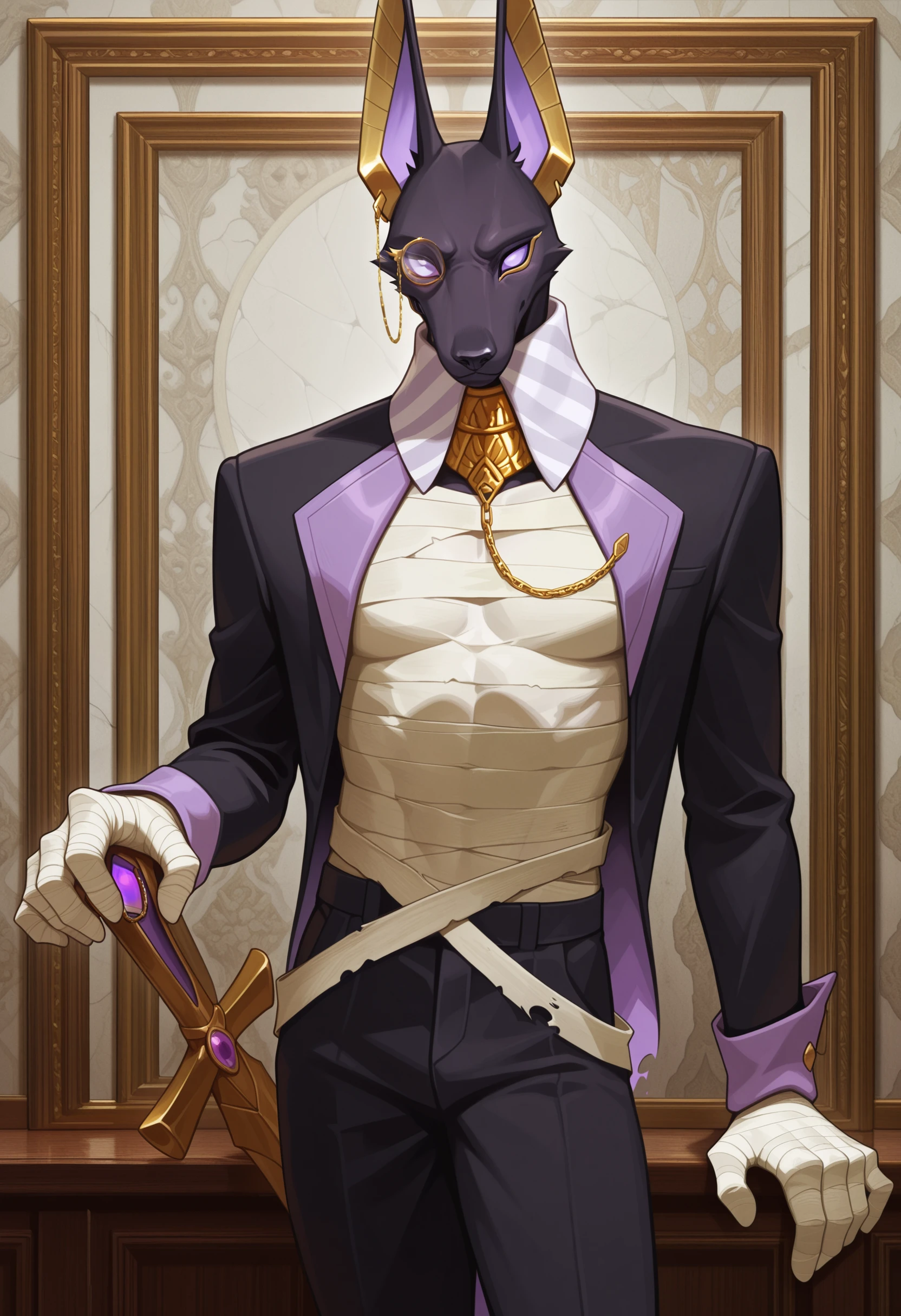 masterpiece, best quality, amazing quality, 1boy, solo, DrewDL, purple sclera, suit, bandage shirt, bandaged hands, monocle, gold collar, black pants, sword