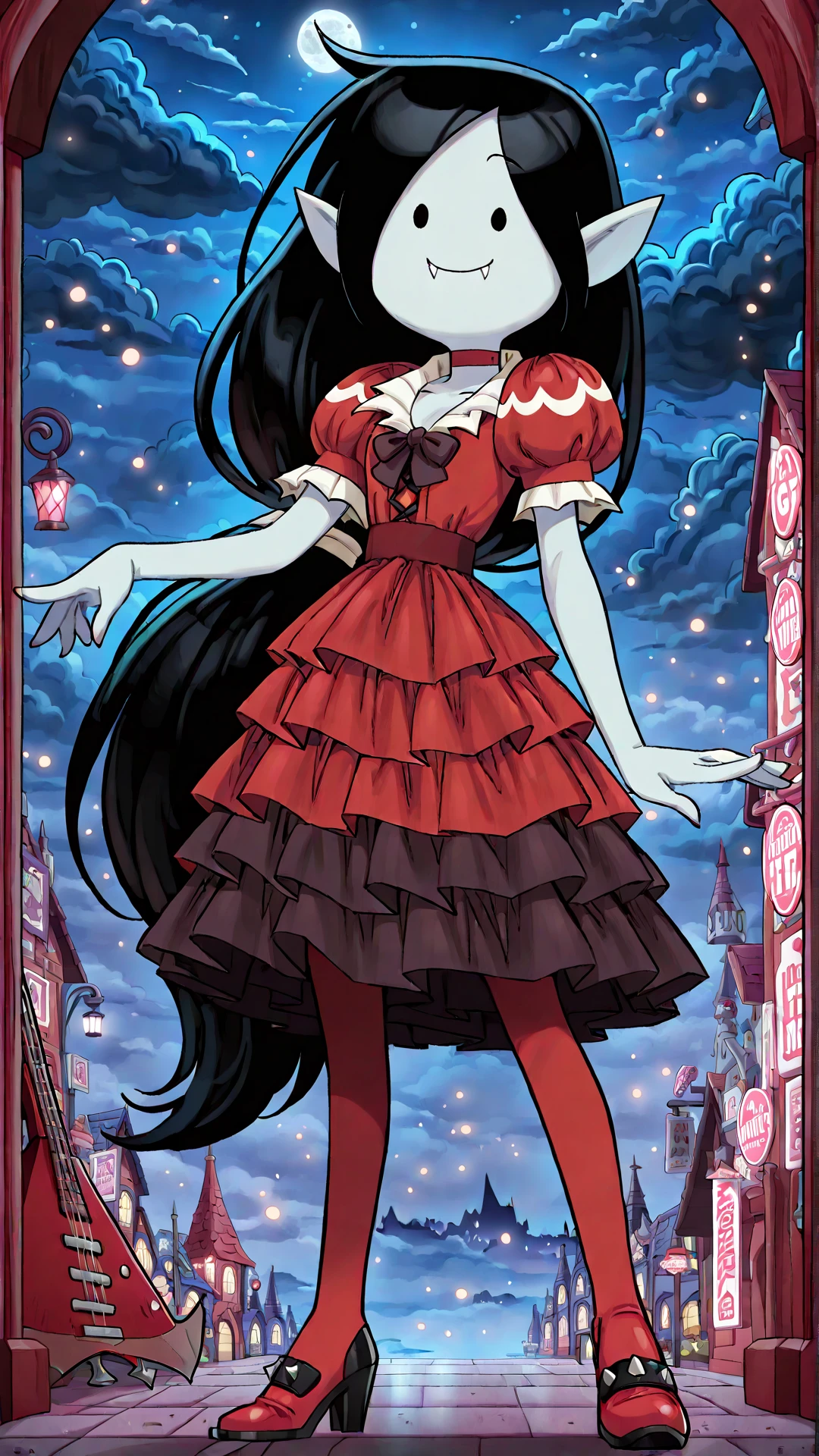 adventuretime_marceline, ((best quality, masterpiece, absurdres)), ((1girl, solo, long hair, black hair, pointy ears, black eyes, solid oval eyes, fangs, grey skin)), ((layered dress, heels)), ((looking at viewer, smile)), ((promotional art, very aesthetic, night time, light particles))
