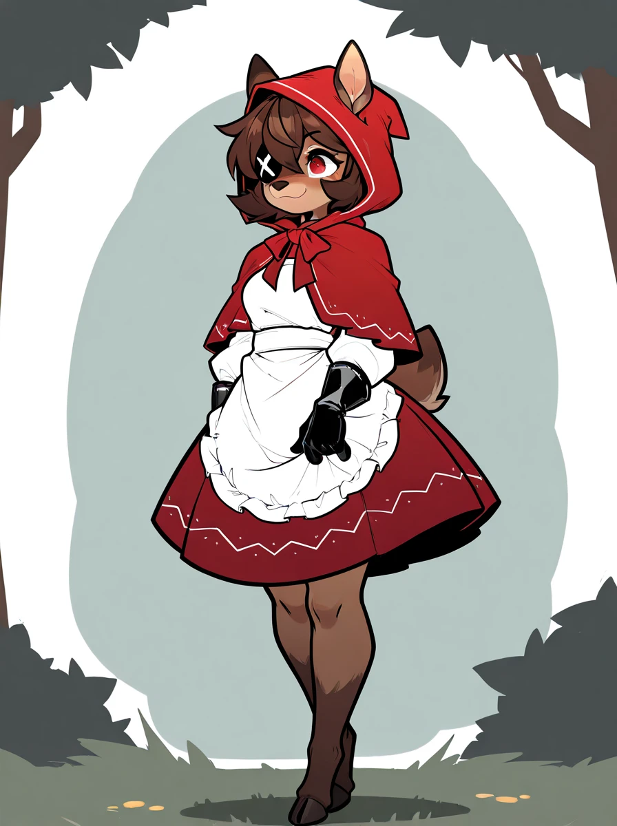 digital media \(artwork\), (masterpiece, high quality, best quality, 8k uhd, absurd res, very aesthetic, newest),solo, <lora:AppleSuizilla-Illustrious:1> anthro, deer, female, eyepatch, red eye, brown hair, short hair, brown body, little red riding hood, apron, white apron, red clothes, hood, hooves, black glove