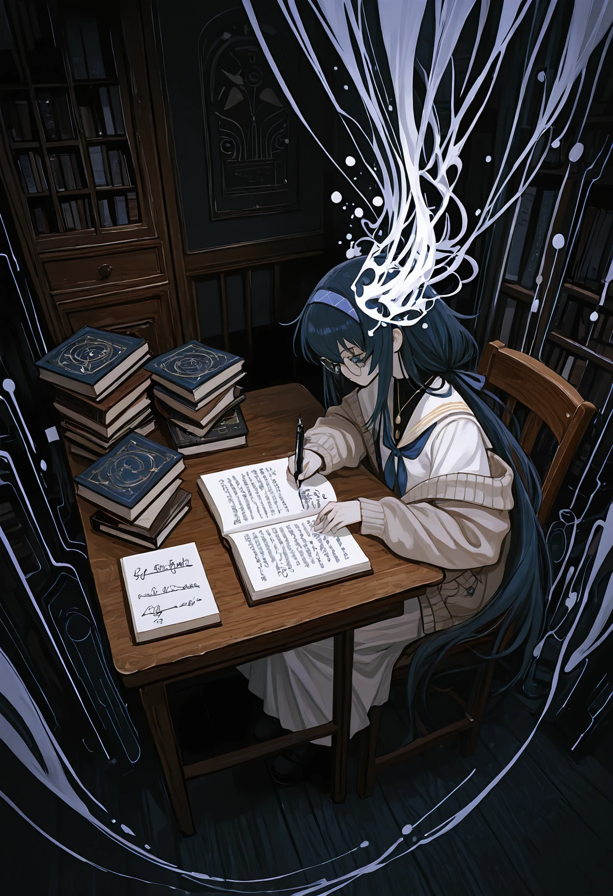 masterpiece, best quality, amazing quality, very aesthetic, absurdres, newest, 1girl,
<lora:lU5RsH5L3Ugbvz3_style_illustr:1> lu5rsh5l3ugbvz3, abstract background, surreal background, abstract, surreal,
volumetric lighting, detailed shadows,
indoors, at desk, wooden desk, book stacks, dark, night, sitting, on wooden chair, sitting on wooden chair, library background,
ui blue archive, white dress, cardigan, glasses, eyewear, round eyewear, reading, (writing, writing in book:1.3), expressionless,
abstract neon lines stretching from edges of screen to head of girl, dark uneven lines flying across room to head of girl, abstract ethereal multicolored patterns swirling through room to head of girl,
(from above:1.3), from side