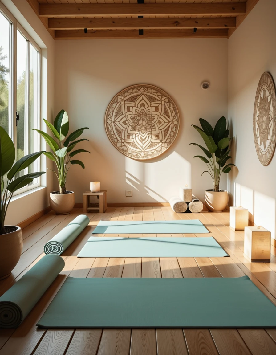 A serene and minimalist yoga studio, filled with natural light streaming through large floor-to-ceiling windows. The space features wooden floors, potted green plants in the corners, and soft neutral tones on the walls. Rolled yoga mats, meditation cushions, and neatly stacked blocks are arranged in an orderly fashion. A few Himalayan salt lamps emit a warm glow, adding to the calming atmosphere. The studio is empty and quiet, radiating peaceful energy, with a large mandala mural painted on one wall and gentle sunlight casting soft shadows across the room.yoga stud10, <lora:yoga_stud10-i:1>, Masterpiece,best quality,hi res,8k,hi res,8k,award winning,(sharp focus, intricate, highly detailed),