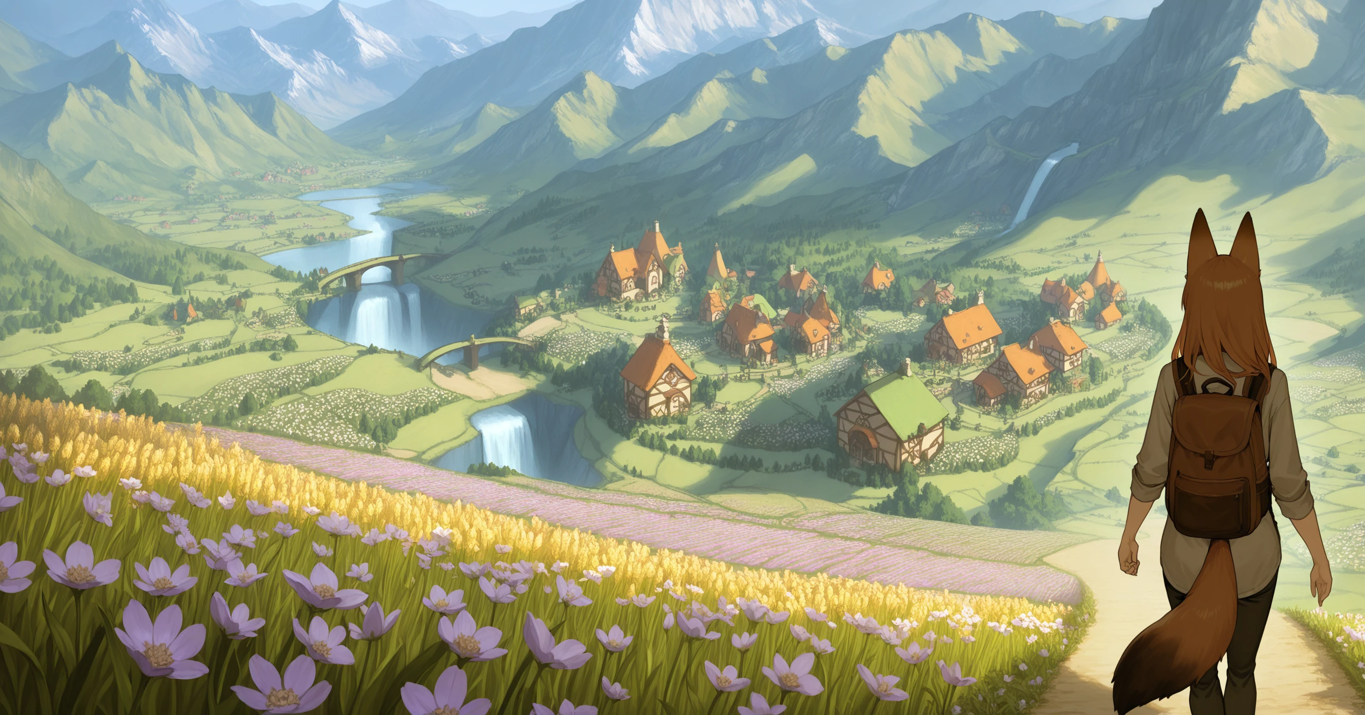 masterpiece,best quality,amazing quality,right-side fox girl, mountains, flowers, fields of flowers, path towards town, village, town in background, backpack, waterfall, scenery, landscape, bridge, medieval, fields of wheat, (walking:1.1), from behind
<lora:Right side (Illustrious) v1:1>