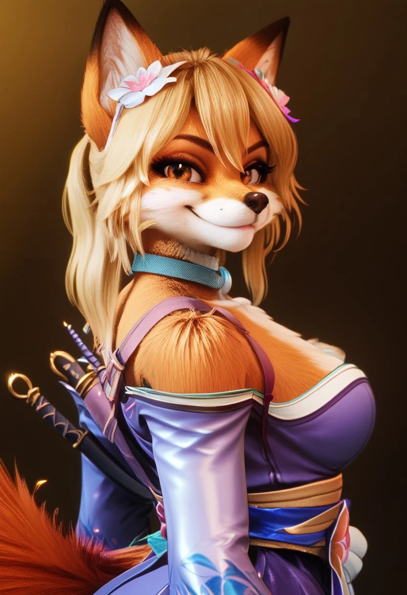 score_9, score_8_up, score_7_up, score_6_up, score_5_up, score_4_up, solo,
1girl (akai hime, heterochromia, red left eye, blue right eye, female, fox, wild assault, pink paw pads, yellow hair, flower on hair, anthro, anthro fox, open eyes, closed mouth, smug grin, looking at viewer), masterpiece, insane quality, dark background with sparkles, MegaFluffyPony, furry, fluffy