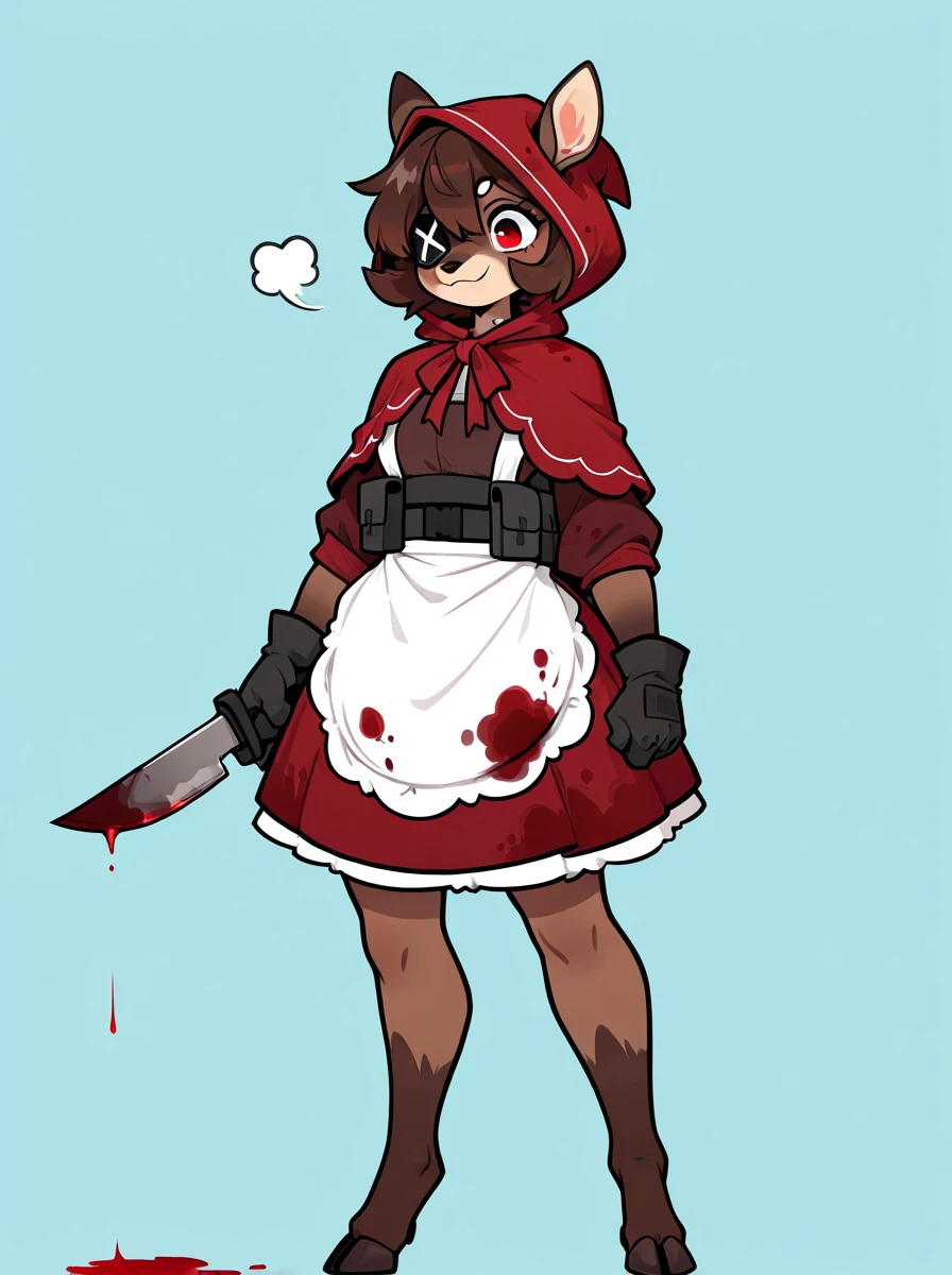 digital media \(artwork\), (masterpiece, high quality, best quality, 8k uhd, absurd res, very aesthetic, newest),solo,  <lora:AppleSuizilla-Illustrious:1> anthro, deer, female, eyepatch, red eye, brown hair, short hair, brown body, little red riding hood, apron, white apron, red clothes, hood, hooves, black gloves, tactical knife, hunting knife, blood on clothes, blood stain,
