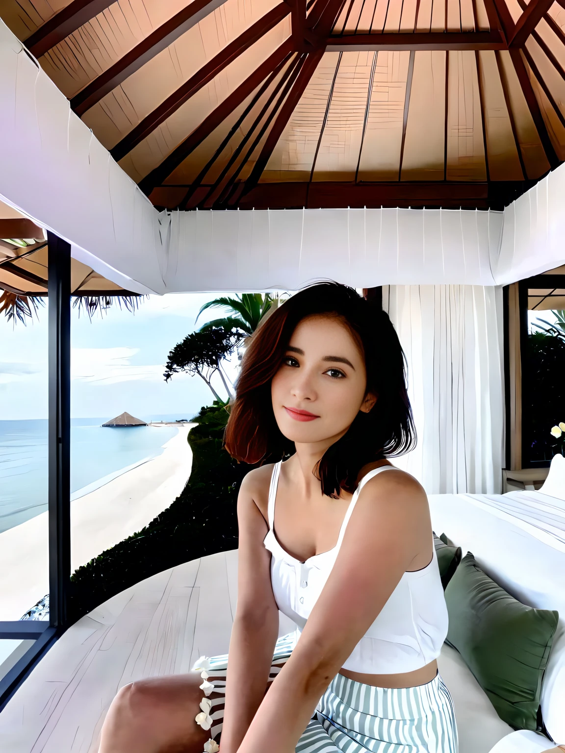 <lora:JJsBaliStyle_XL:1> , ((Bali Style)), ((best quality)),((masterpiece)),((realistic)),, floor, window, curtains,indoor, photorealistic, ceiling light, bed, pillow,chair,  ((1girl)), face, look at viewer, selfie, solo, skirt, full body, sky, sea, bench, tree, flower, sit, closeup portrait photography, beautiful eyes, capturing emotion, personality, flattering lighting, professional, engaging, compelling composition