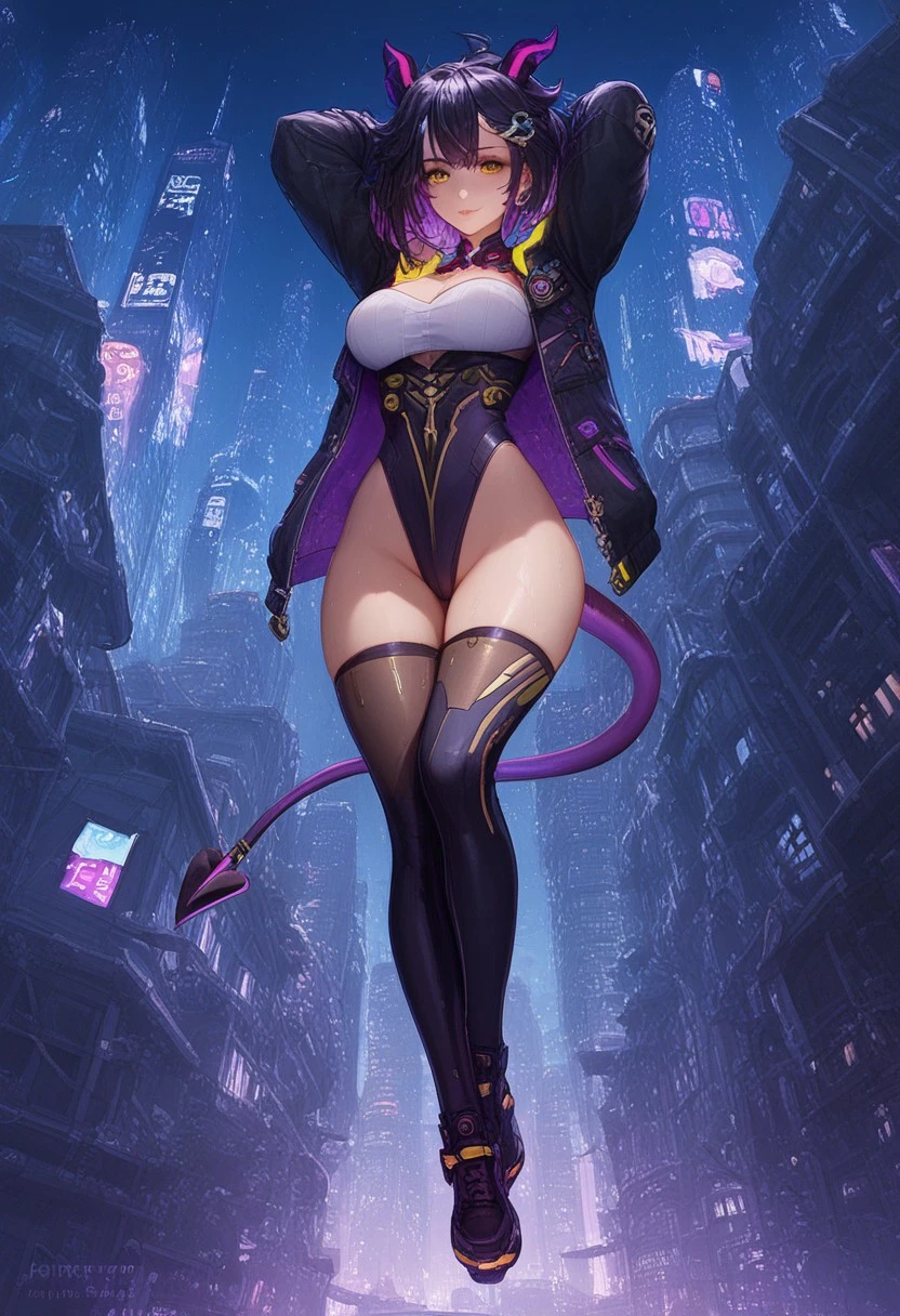 score_9, score_8_up, score_7_up, Artist_Kittew, Expressiveh, (BG_Cyberpunk, scenery, building, city, outdoors, night, cityscape, science fiction, city lights, neon lights, skyscraper, cuberpunk), (VTuber_Rainhoe, short hair, multicolored hair, black hair, purple hair, horns, hair ornament, yellow eyes, tail, thighhighs, fingerless gloves, leotard, jacket), full body, , sweaty skin, looking at viewer, arms in the air behind head