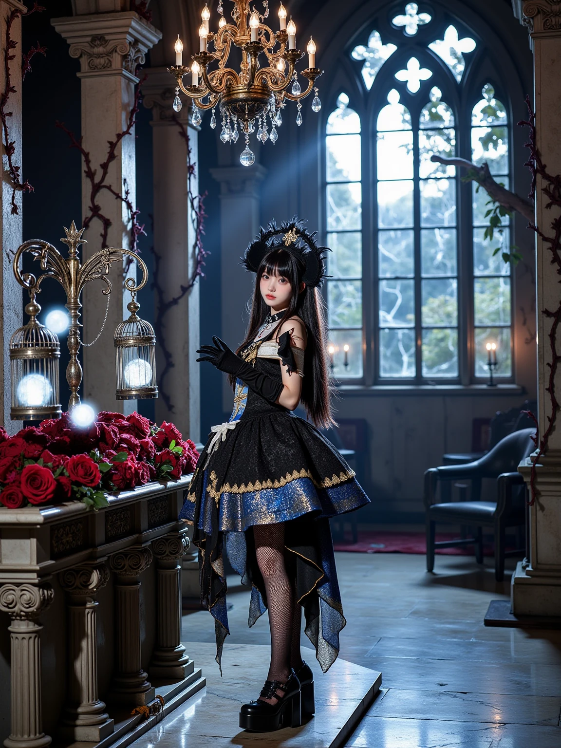 A realistic photo of a beautiful young woman in cyb dress. She is also wearing elbow gloves and black pantyhose and high heeled platform footwear. She has long black straight hair with feather crown. The background is a decaying cathedral interior illuminated by moonlight through cracked stained glass windows. Stone pillars crawl with thorny crimson vines that pulse faintly. A massive broken chandelier hangs precariously above an altar overflowing with withered roses, its tarnished silver candelabras holding melted black candles. The marble floor reflects ghostly luminescence from floating spirit orbs trapped in cobweb-covered birdcages. The photo is a full body shot with her entire body visible and with detailed background.
