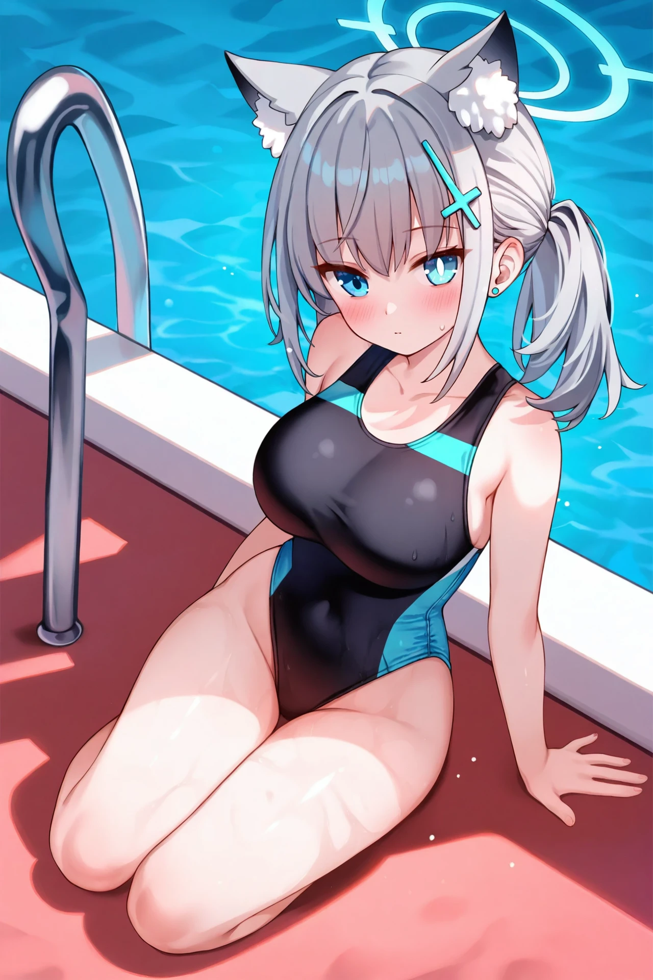 shiroko, animal ears, blue eyes, grey hair, hair ornament, hairpin, halo, short hair, wolf ears, black one-piece swimsuit, competition swimsuit, covered navel, low ponytail, multicolored clothes, multicolored swimsuit, official alternate costume, one-piece swimsuit, swimsuit, hair tie, in water, open mouth smile pose, leg in water, wet