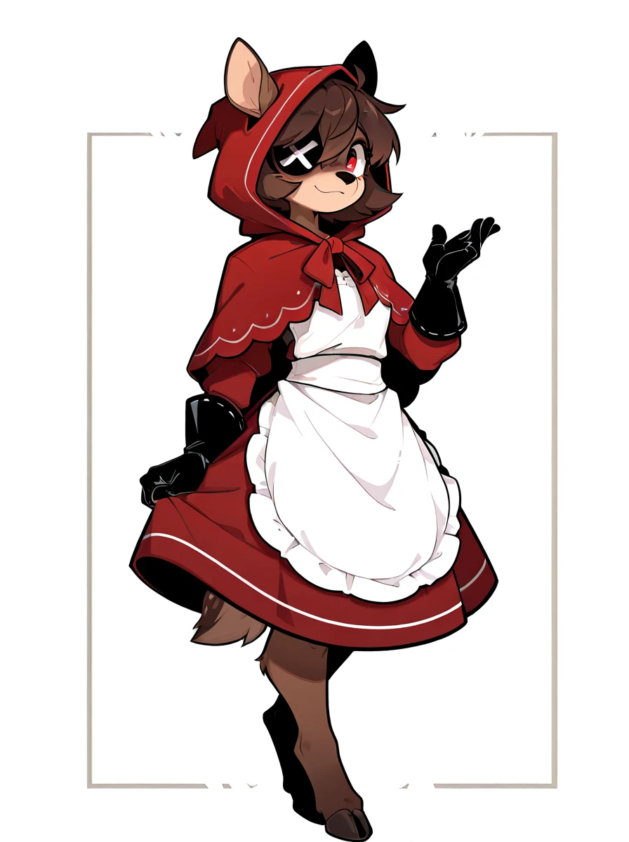 digital media \(artwork\), (masterpiece, high quality, best quality, 8k uhd, absurd res, very aesthetic, newest),solo, <lora:AppleSuizilla-Illustrious:1> anthro, deer, female, eyepatch, red eye, brown hair, short hair, brown body, little red riding hood, apron, white apron, red clothes, hood, hooves, black glove