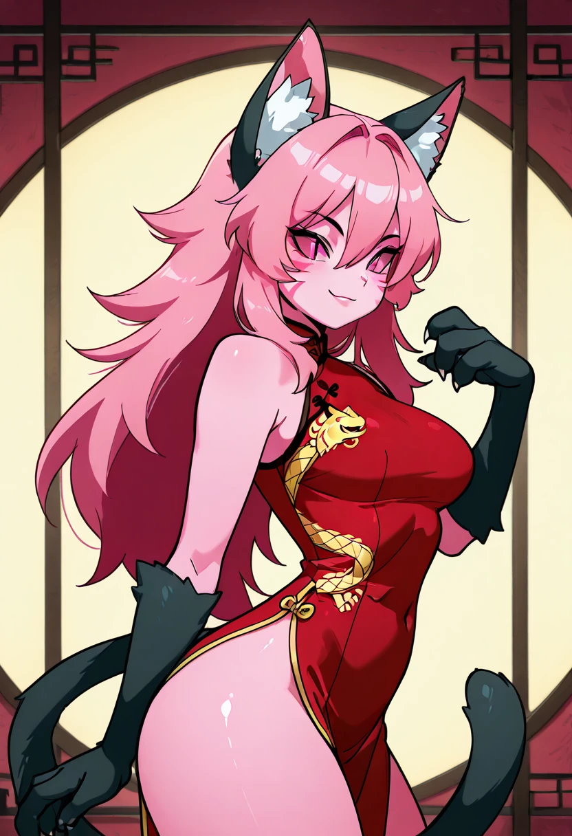 masterpiece, best quality, solo, curvy, beautiful eyes, narrow waist, wide hips, zzPinkit, pink eyes, long hair, pink hair, pink skin, colored skin, animal hands, hair between eyes, cat ears, animal ear fluff, cat girl, slit pupils, animal ears, whisker markings, black gloves, china dress, bare shoulders, tail, sleeveless, , <lora:PinkitCitronOC_IXL_v1:1.0>, , smile, looking at viewer, side view, upper body, <lora:DiivesIXL:1.0>,