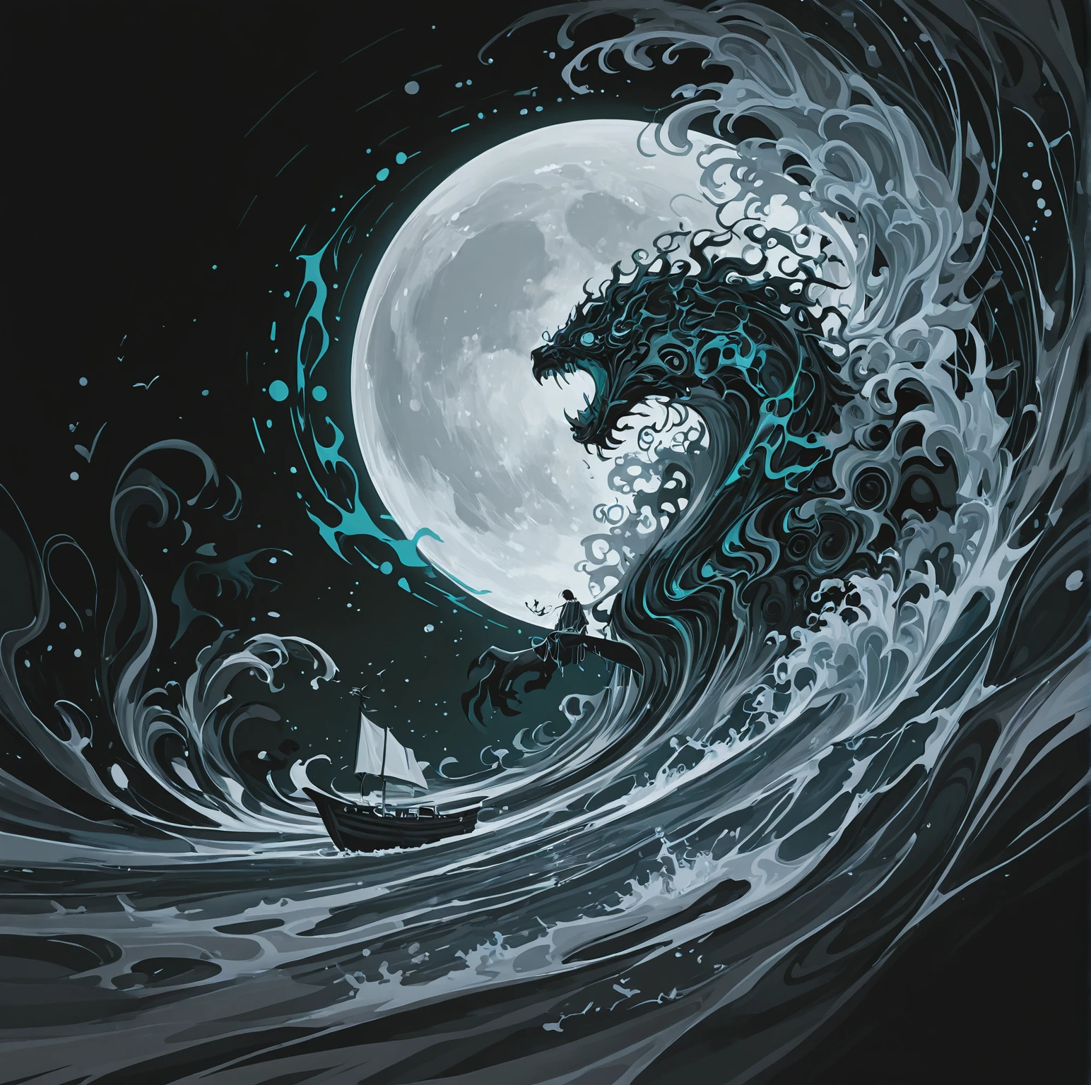 masterpiece, best quality, amazing quality, very aesthetic, absurdres, newest,
<lora:lU5RsH5L3Ugbvz3_style_illustr:1> lu5rsh5l3ugbvz3, abstract background, surreal background, abstract, surreal,
volumetric lighting, detailed shadows,
ocean, grey ocean, grey water, greyscale,
boat, boat in ocean, dark neon green stone giant, partially submerged, dark green stone giant partially submerged,
sense of cosmic energy and divine presence, moon, ethereal light of moon, cold blue light, light reflections in water,
high contrast between grey water and neon green stone giant, balance and harmony, stone giant above small boat, green glowing runic ornate design of giant, 1boy, giant boy, male focus, faceless male, cropped legs, cropped feet,
sail, sailboat, wave, tidal wave