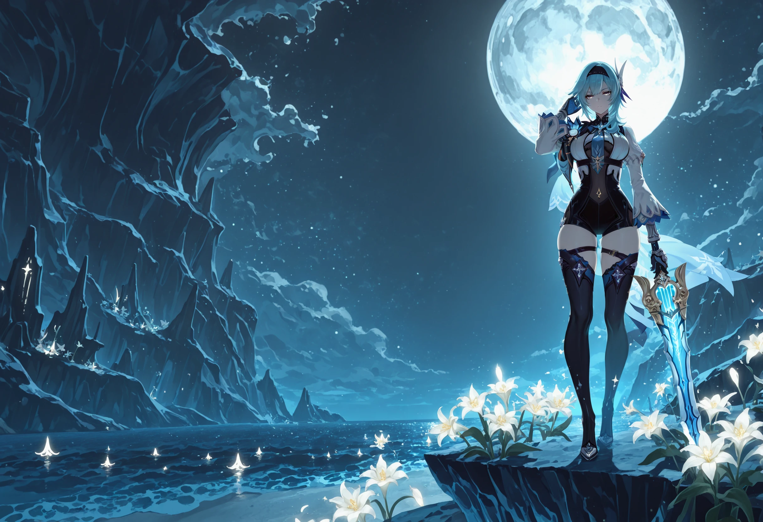 masterpiece,best quality,amazing quality, solo,eula,right-side, standing, adjusting hair, standing on cliff, serious, night, ocean in background, moon, moonlight, straight-on, white glowing flowers, white lily \(flower\), full body, thighhighs, planted, holding sword,song of broken pines \(genshin impact\),
<lora:Right side (Illustrious) v1:1>