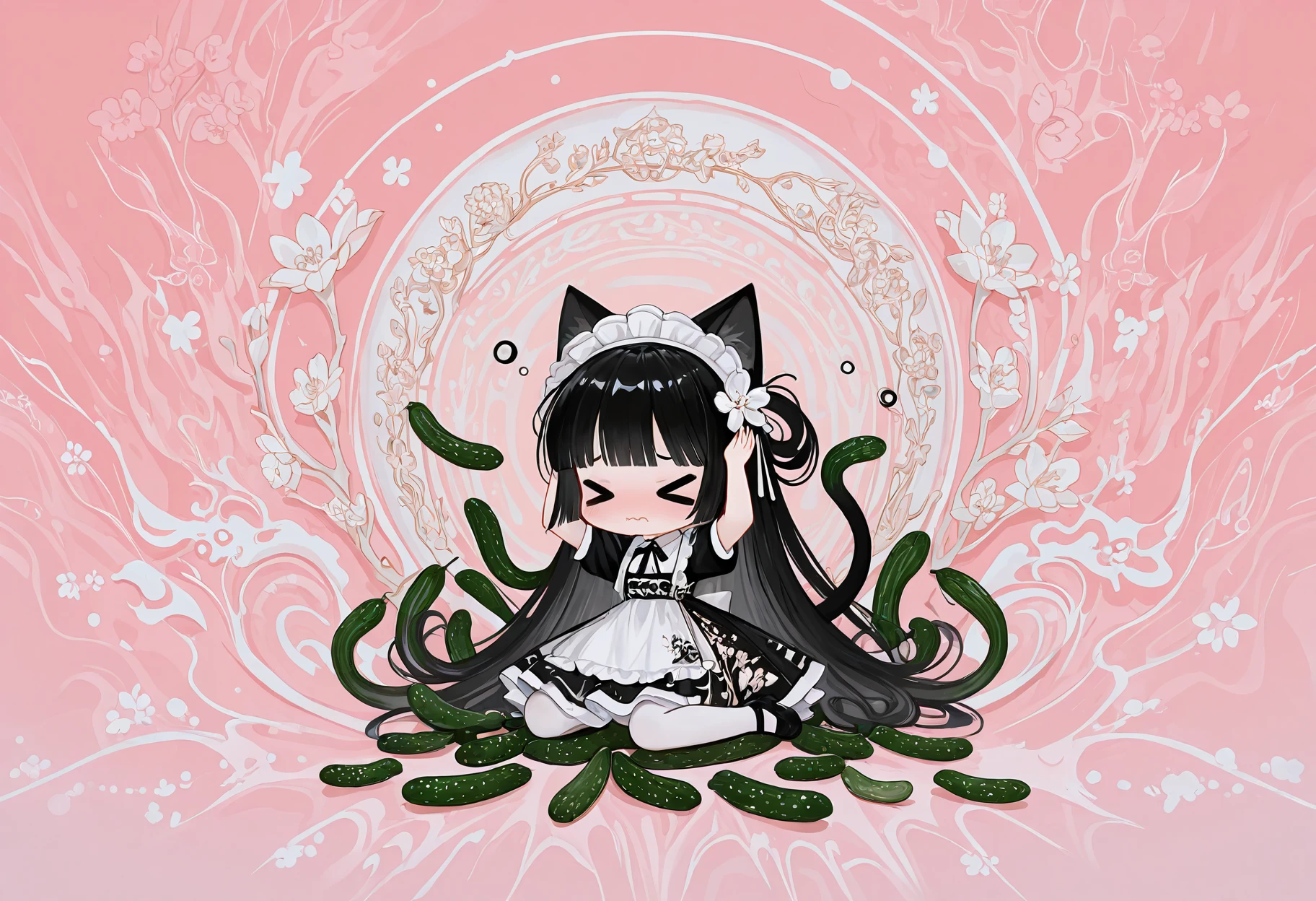 masterpiece, best quality, amazing quality, very aesthetic, absurdres, newest, 1girl,
<lora:lU5RsH5L3Ugbvz3_style_illustr:1> lu5rsh5l3ugbvz3, abstract background, surreal background, abstract, surreal,
volumetric lighting, detailed shadows, detailed background,
cat girl, maid, dress, black hair, animal ears, white pantyhose, mary janes, chibi girl, chibi only, chibi, hands on own head, wavy mouth, > <, blush, wariza,
dark smoking luninescent background, pattern in background resembles a stroke of brush, dreamlike otherworldly athmosphere, ornate patterns of white and gold flowers, blend of ethereal fantasy and surrealism,
cherry blossom, abstract dress design,
cucumber, multiple cucumbers, (cucumbers flying around girl, swirling cucumbers, levitating cucumbers, flying cucumbers:1.3), cucumbers pointed at girl,
pink background, intricately detailed pink background resembling a brush stroke