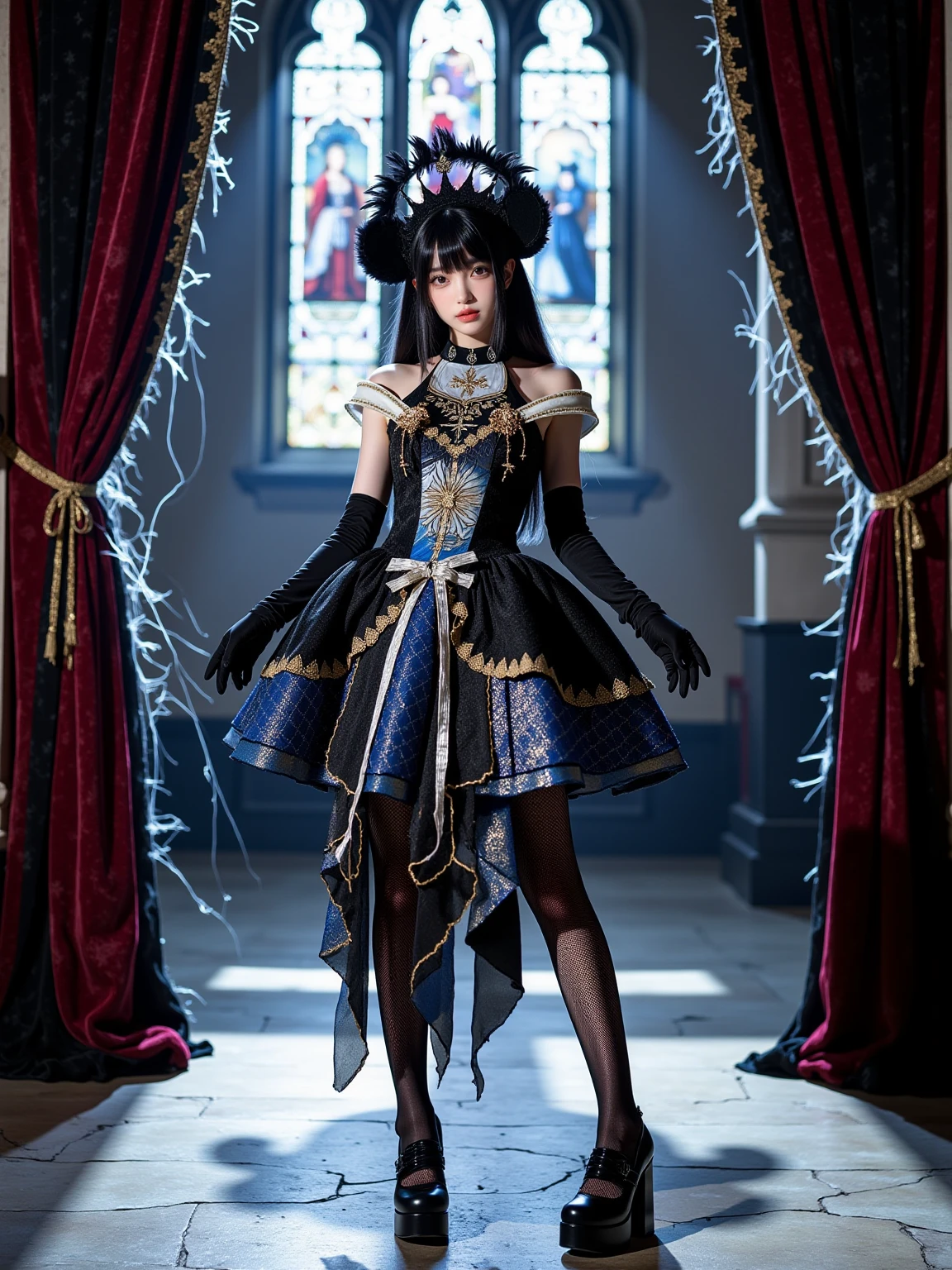 A realistic photo of a beautiful young woman in cyb dress. She is also wearing elbow gloves and black pantyhose and high heeled platform footwear. She has long black straight hair with feather crown. The background is A dimly lit Gothic cathedral with towering stained-glass windows depicting eerie scenes. The air is thick with incense, and cobwebs stretch across ancient stone arches. Velvet drapes in deep crimson and black sway gently in the cold breeze, casting long shadows across the cracked marble floor. The photo is a full body shot with her entire body visible and with detailed background.