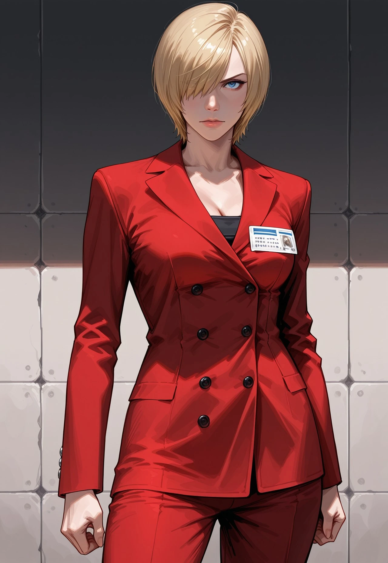 masterpiece, best quality, detailed, realistic, cowboy shot, serious, 1girl, solo, Alysreo, blonde hair, short hair, Hair over one eye, blue eyes, Red suit jacket, red pants, name tag,