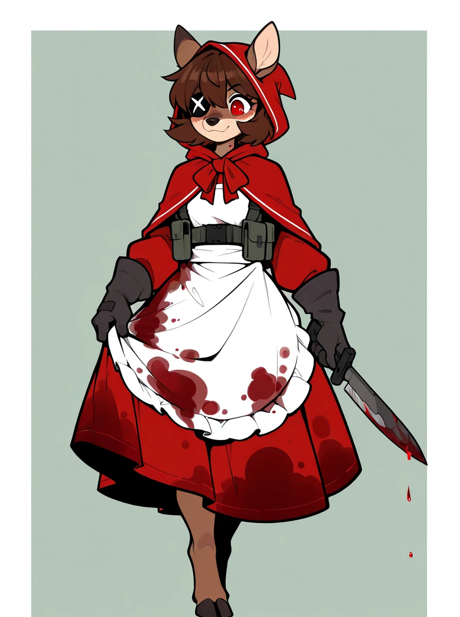 digital media \(artwork\), (masterpiece, high quality, best quality, 8k uhd, absurd res, very aesthetic, newest),solo, <lora:AppleSuizilla-Illustrious:1> anthro, deer, female, eyepatch, red eye, brown hair, short hair, brown body, little red riding hood, apron, white apron, red clothes, hood, hooves, black gloves, tactical knife, hunting knife, blood on clothes, blood stain,