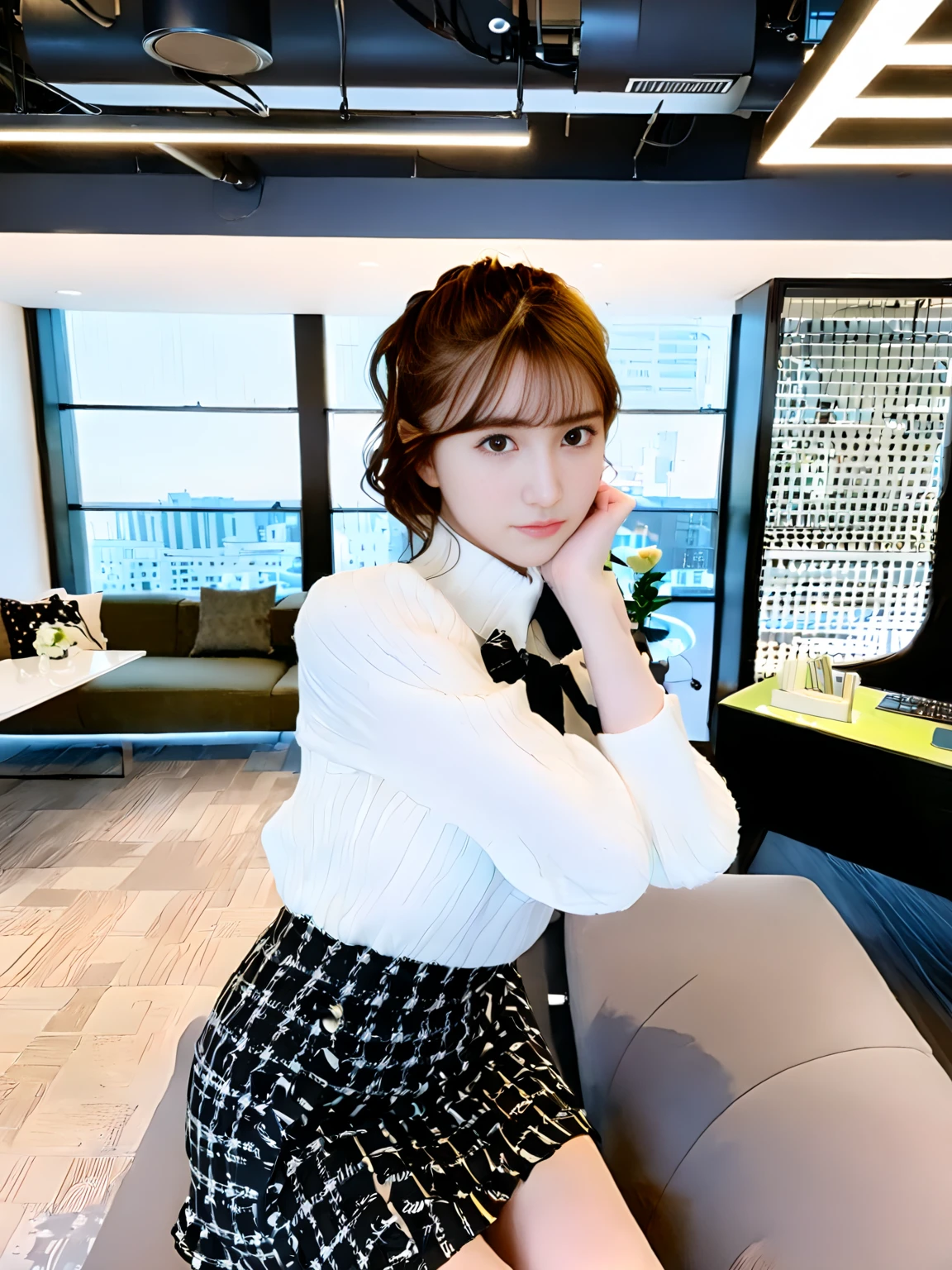 <lora:JJsOffice_Interior_XL:0.8>, masterpiece , best quality, ((Office)), indoors, window, chair, table, scenery, ceiling, , floor, glass wall, monitor, keyboard, book, flower,dramatic lighting, panel, sofa, screen, lamp, vent,, 1girl, face, look at viewer, selfi, solo, skirt, semi full body,<lora:YourYua_XL:0.7> , ((yua)),, closeup portrait photography, beautiful eyes, capturing emotion, personality, flattering lighting, professional, engaging, compelling composition