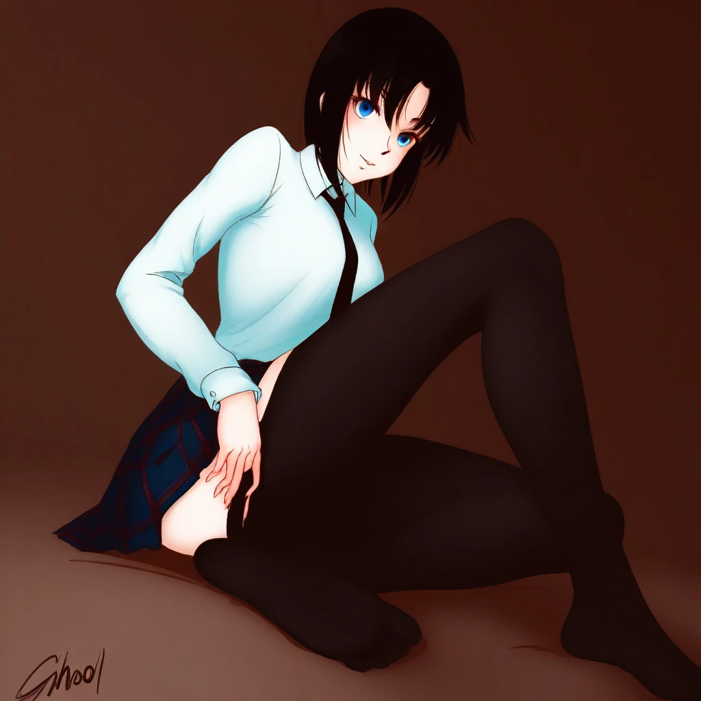 lilandavastyle, score_9, score_8_up, score_7_up, detailed facial features, 1 girl, full body shot, small breasts, black hair, eye linear, eye shadow, black knee high socks, black pleated skirt, white button down shirt, black boots, thigh high black socks, open jacket, blazer, cowboy shot, sitting in back alley, bored, looking at viewer, night, spread legs, panty shot, facing camera