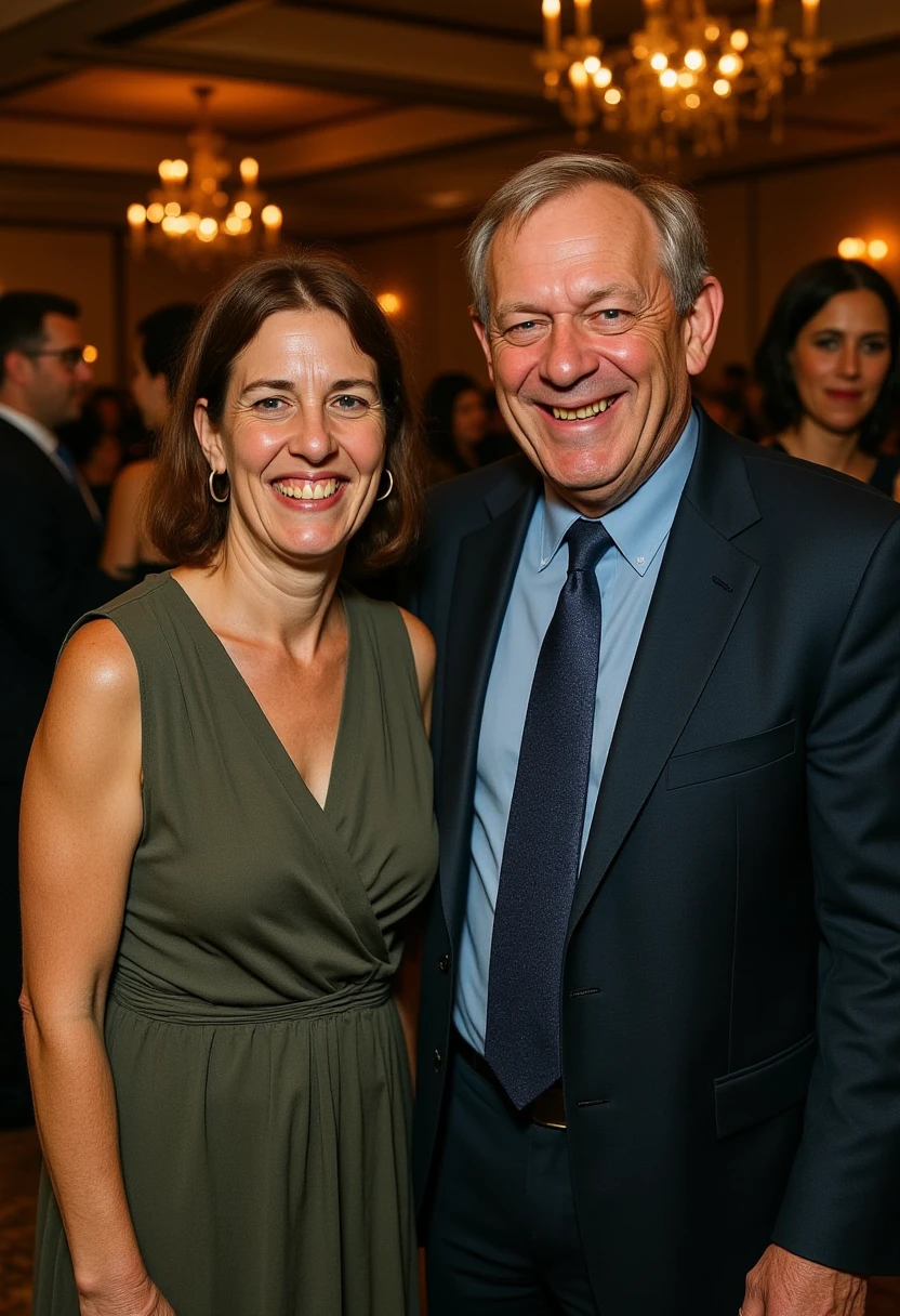 a man and woman standing next to each other in a room, both of them smiling. The man is wearing a blue shirt and a tie, while the woman is wearing an unknown color. In the background, there are a few other people standing, and the room is illuminated by a number of lights.