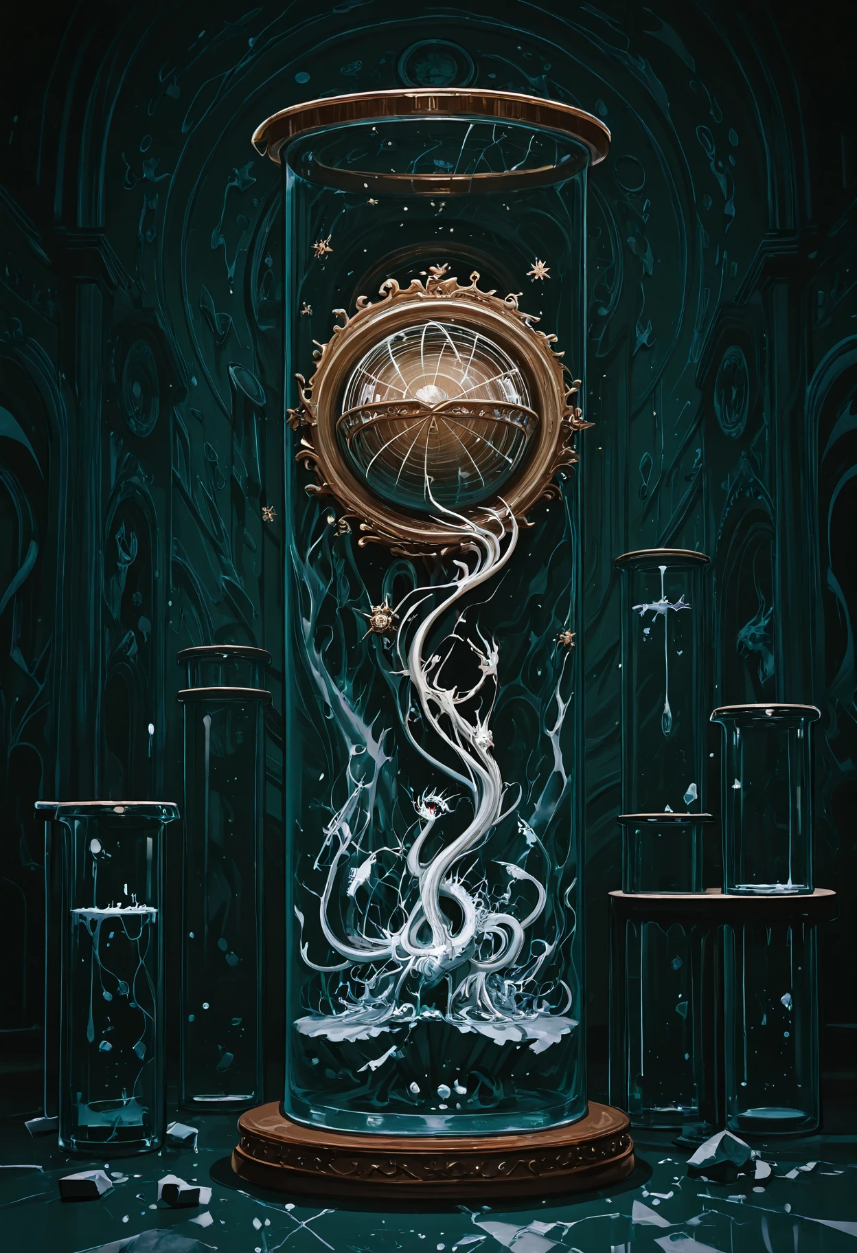 masterpiece, best quality, amazing quality, very aesthetic, absurdres, newest,
<lora:lU5RsH5L3Ugbvz3_style_illustr:1> lu5rsh5l3ugbvz3, abstract background, surreal background, abstract, surreal,
volumetric lighting, detailed shadows, detailed background, ornate, ornate setting, ornate athmosphere,
green background, test tube, empty test tube, close-up, close-up of empty test tube, giant test tube, oversized test tube, gigantic test tube, close-up of test tube, small monster, very small eldrich abomination, miniature monster, monster in test tube, eldritch abomination | 1other | monster, cracking glass, glass cracked, cracked glass, monster breaking glass