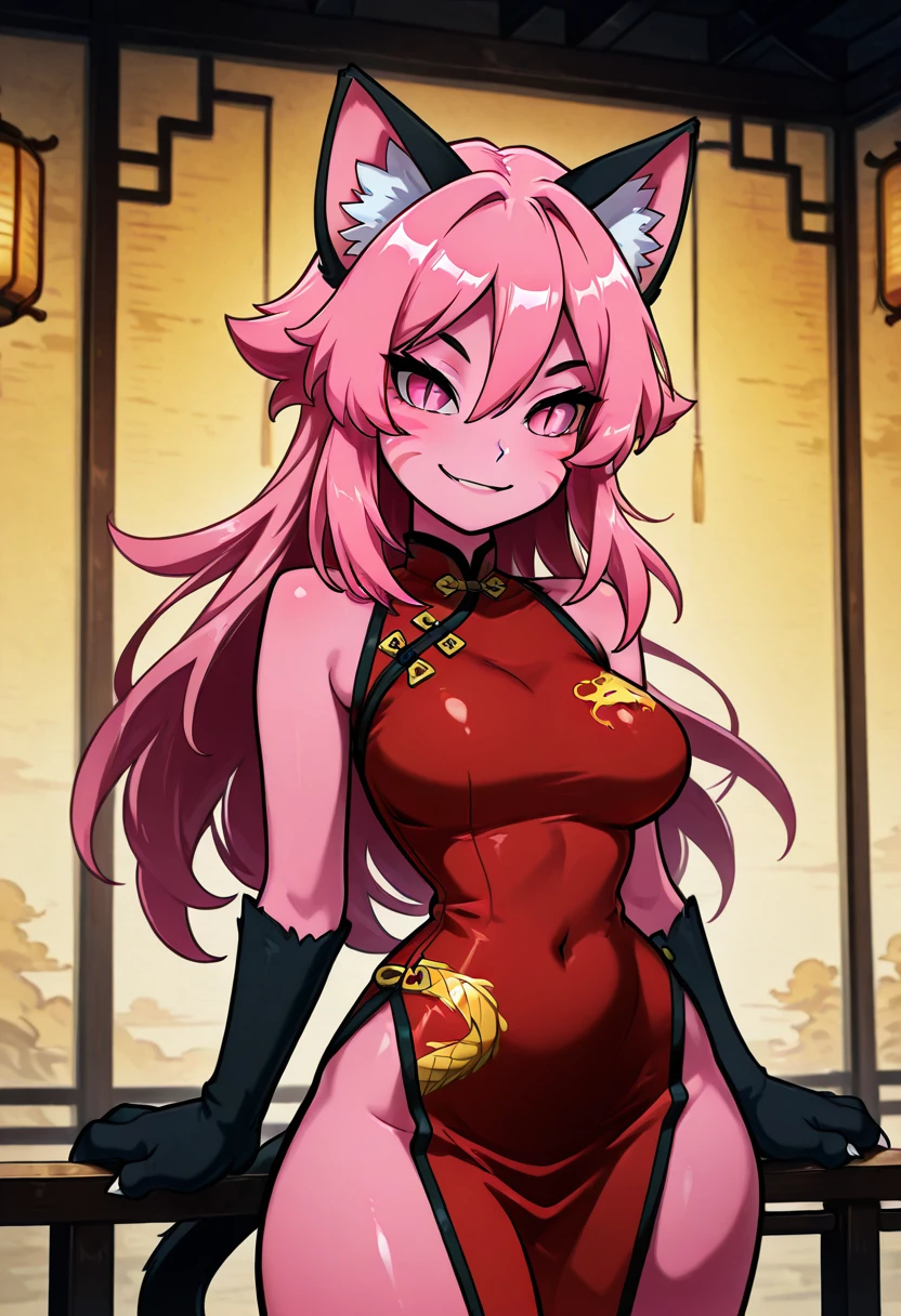 masterpiece, best quality, solo, curvy, beautiful eyes, narrow waist, wide hips, zzPinkit, pink eyes, long hair, pink hair, pink skin, colored skin, animal hands, hair between eyes, cat ears, animal ear fluff, cat girl, slit pupils, animal ears, whisker markings, black gloves, china dress, bare shoulders, tail, sleeveless, , <lora:PinkitCitronOC_IXL_v1:1.0>, , smile, looking at viewer, cowboy shot, ,<lora:theOtherHalfNAI:0.8>,