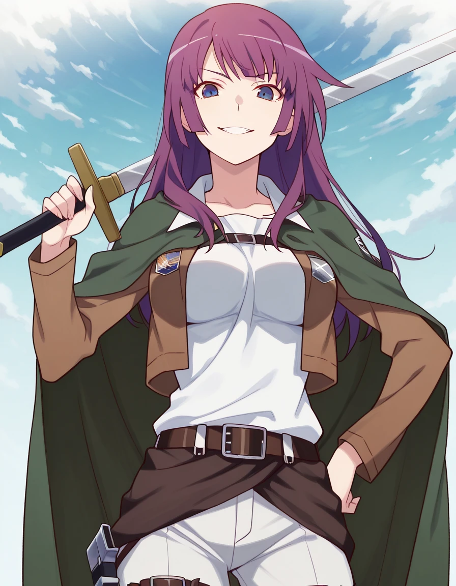 masterpiece, best quality, amazing quality,, <lora:hitagi-senjougahara-anime-illustriousxl-lora-nochekaiser:1>, hitagi senjougahara, bangs, long hair, blue eyes, purple hair, breasts, anime screencap, <lora:paradis-military-uniform-illustriousxl-lora-nochekaiser:1>, paradis military uniform, belt, cloack, cropped jacket, emblem, green cloak, jacket, long sleeves, pants, shirt, thigh strap, uniform, white pants, white shirt, brown jacket,, <lora:sword-over-shoulder-illustriousxl-lora-nochekaiser:1>, sword over shoulder, weapon over shoulder, holding, holding sword, holding weapon, sword, hand on own hip, grin, looking at viewer,, slit_pupils, , , ,
