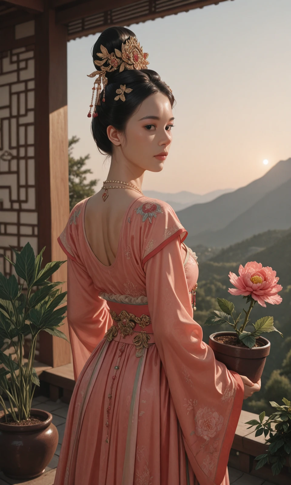 (1girl/gsfh, HWF, hanfu, jewelry, necklace, black hair, hair ornament, chinese clothes, realistic, black eyes, cleavage, single hair bun, looking at the sky, looking at the viewer), from behind, outdoor, 
(holding a plant/planter, leaf, peony),

masterpiece, best quality, amazing quality, very aesthetic, absurdres, newest, haute couture, 
 
light from one side, dark shadow,


