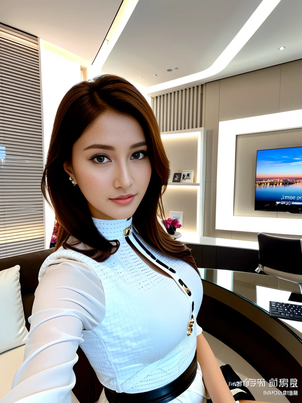 <lora:JJsFuturismStyle_Interior_XL:1> , ((Futurism)),, masterpiece , best quality,  indoors, window, chair, table, scenery, ceiling, , floor, glass wall, monitor, keyboard, book, flower,dramatic lighting, panel, sofa, screen, lamp, vent,, 1girl, face, look at viewer,   selfi,  solo,  skirt, full body,   high heels,, closeup portrait photography, beautiful eyes, capturing emotion, personality, flattering lighting, professional, engaging, compelling composition
