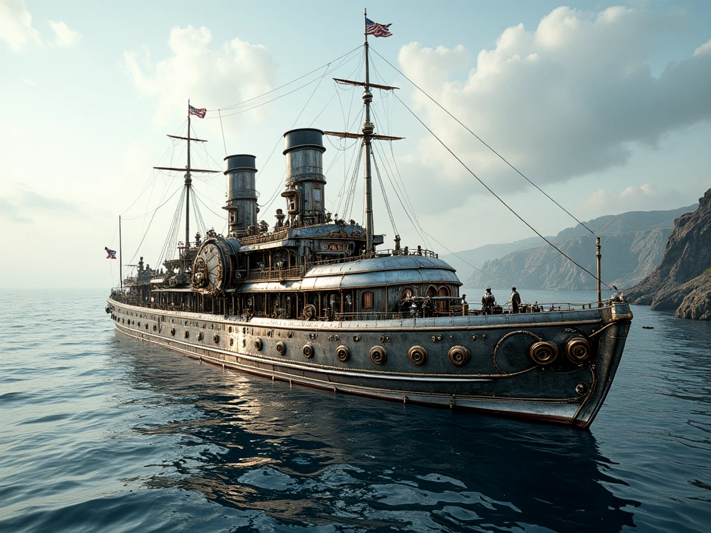 A silver metal steampunk ocean liner. Sailing along the coast.
stmpnkCE_style