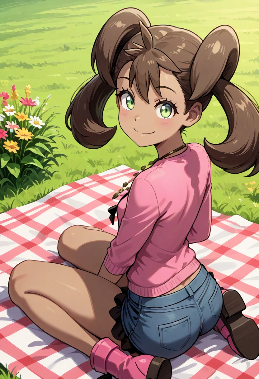 masterpiece, best quality, 1girl, solo, eyelashes, (beautiful eyes), smile, looking at viewer,   ,<lora:ShaunaPokemon_IXL_v1:1.0>,  [Boho Picnic], zzShauna, dark skin, twintails, brown hair, long hair, green eyes, pink shirt, short shorts, boho chic, 1girl, solo, fringed cardigan, ankle boots, layered necklaces, picnic blanket, field of flowers, soft sunlight. zzShauna lounges on a picnic blanket in a lush field, her twintails cascading down her back as the warm sunlight filters through the trees. The fringed cardigan drapes loosely over her shoulders, and her ankle boots rest on the soft grass. She gazes contentedly at the horizon, surrounded by wildflowers, her green eyes reflecting the peaceful serenity of the boho atmosphere.