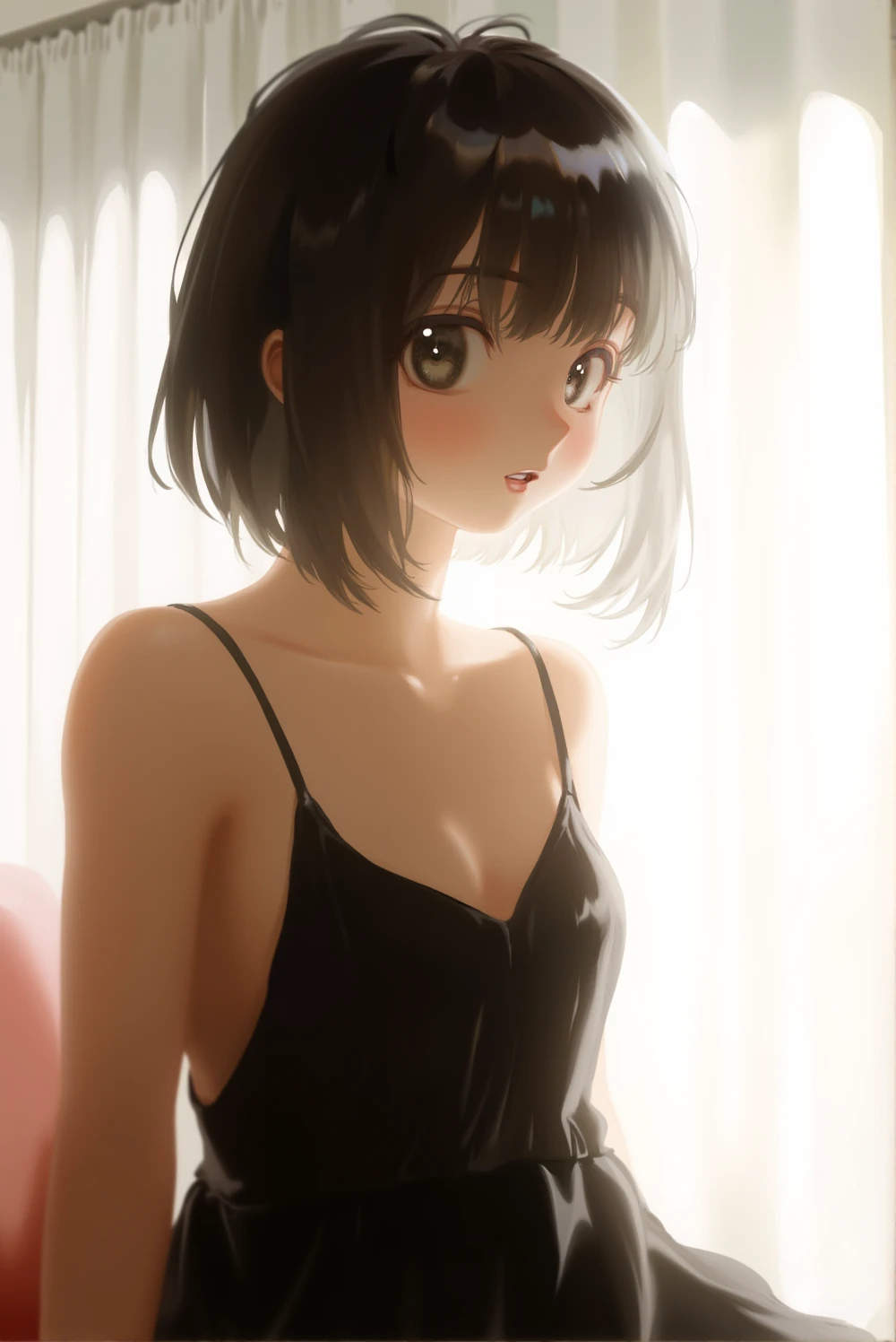 <lora:lora-flux-style_28-step00010640:1>, a woman with short dark hair gazing downwards. she is wearing a black sleeveless dress. the setting appears to be indoors with soft lighting coming from a window casting a gentle glow on her face. the background is blurred emphasizing the woman as the primary subject.,1girl,solo,black hair,realistic,short hair,black dress,asian,messy hair,photorealistic,looking at viewer,black eyes,dress,sleeveless,curtains,sitting,lips,loose hair strand,collarbone,nose,bob cut,red lips