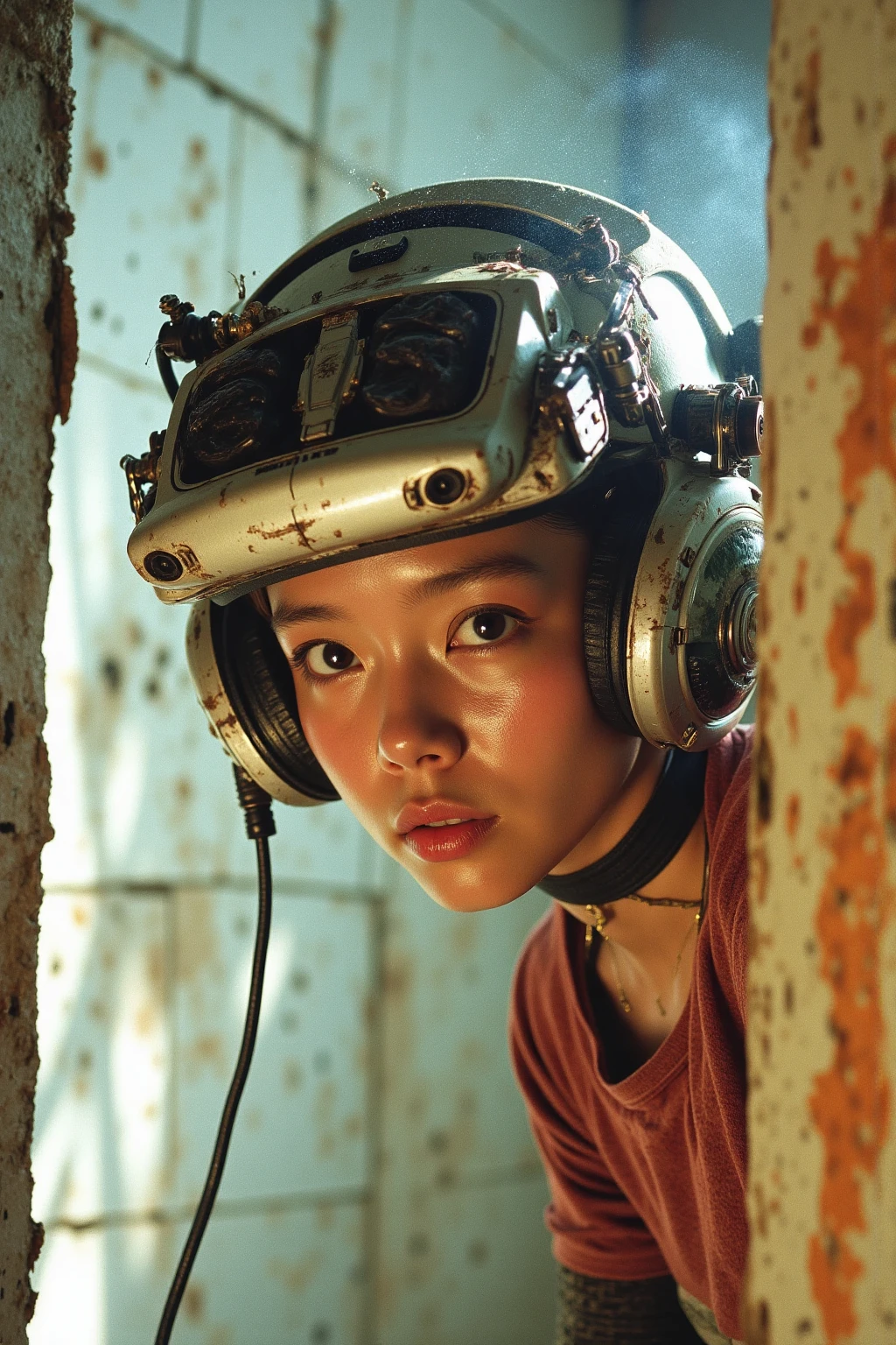 Japanese Manga style Poster with bold large fonts and graphics,captured with a Canon AE-1 using expired Kodak Gold 200 film. A young woman leans intensely forward in a narrow frame,head tilted under a battered cyber-headset with semi-abstract,deteriorated components due to multiple exposures and chemical damage. Thick,hazy beams of contaminated light flood the space,scattering amid dense dust and chemical artifacts. Her translucent,ethereal face glows from bleached highlights,with sweat beads refracting prismatic halos at points of aggressive film damage. The background,a decayed industrial wall,warps into white and pastel hues from overexposure and chemical fogging. Rusted orange and crimson film burns form organic,blistering patterns,with scratches,chemical bubbles,and crystallization veins giving the scene a decaying,relic-**** appearance.,