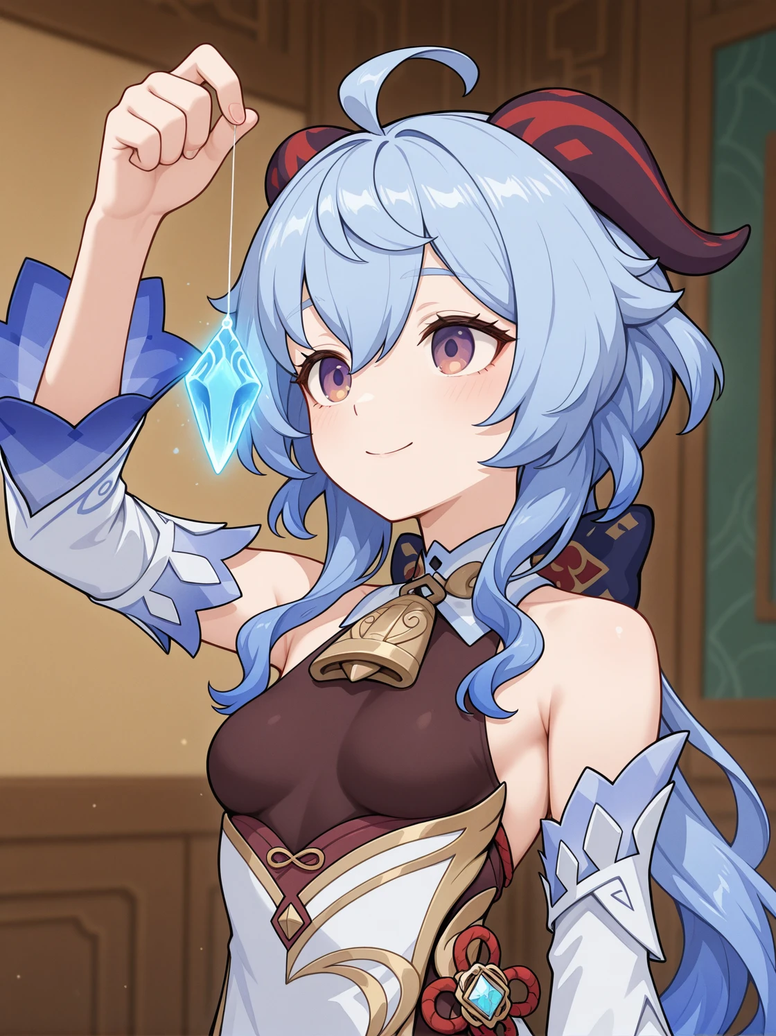 masterpiece, best quality, amazing quality, very aesthetic, absurdres, newest, , 1girl, standing, ganyu \(genshin impact\), upper body, smile, small breasts, arm up, holding,
<lora:Crystal_on_string_v2_il:0.8> crystal on string