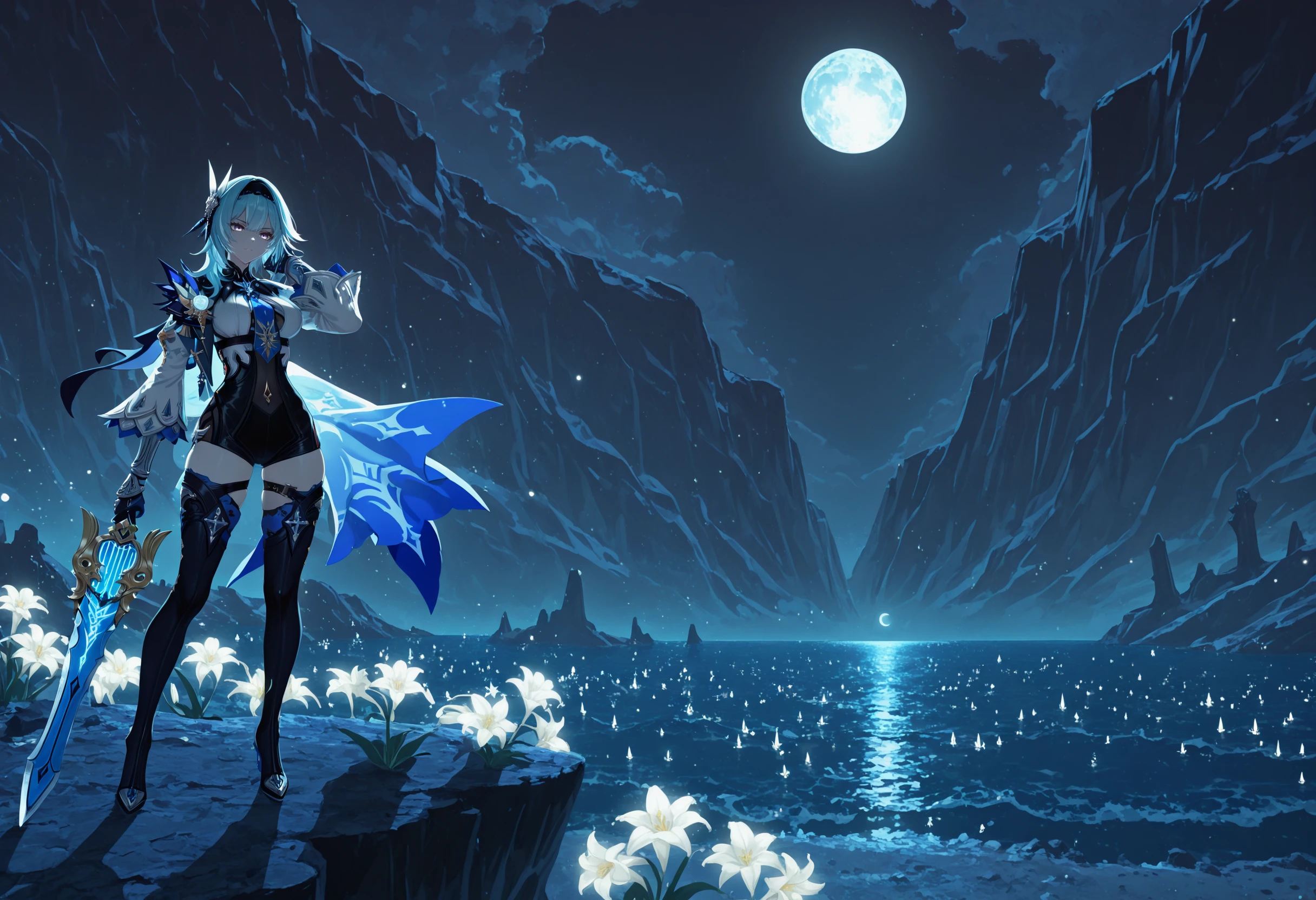 masterpiece,best quality,amazing quality, solo,eula,left-side, standing, adjusting hair, standing on cliff, serious, night, ocean in background, moon, moonlight, straight-on, white glowing flowers, white lily \(flower\), full body, thighhighs, planted, holding sword,song of broken pines \(genshin impact\),
<lora:Left side (Illustrious) v1:1>