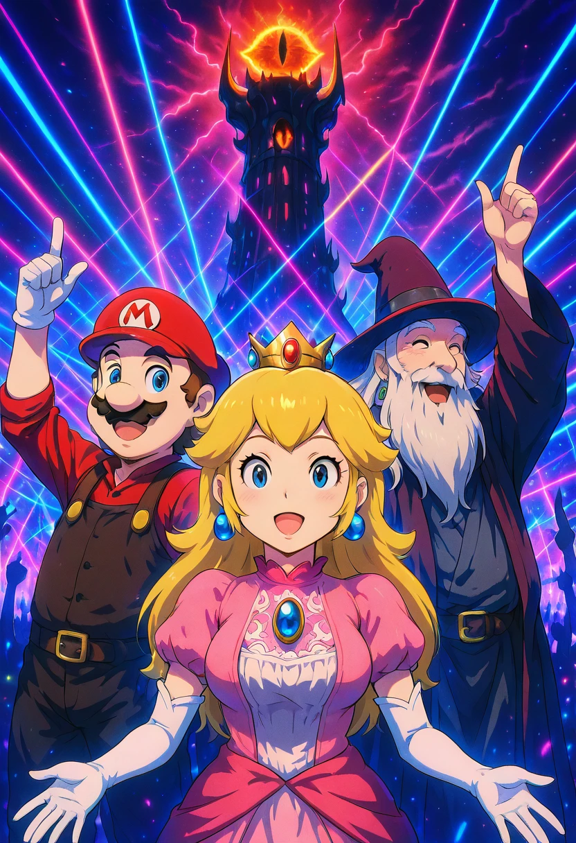 masterpiece, best quality, L0rd0fTh3R4v3s, g4nd4lf, looking at viewer, smile, open mouth, 1boy, hat, :d, arm up, facial hair, beard, old, old man, princess peach, mario (series), 1girl, blue eyes, blonde hair, long hair, large breasts, earrings, sphere earrings, crown, pink dress, mario, (upper body), ,<lora:SauronsRaveTower_IXL_v1:1.0>,