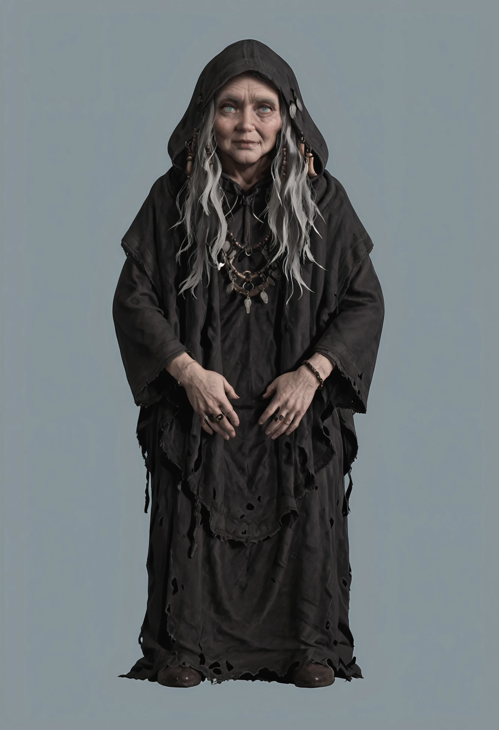 masterpiece, best quality, amazing quality, very aesthetic, absurdres, newest, <lora:HagMirandaRE8ILf:1> h4ilf, 1girl, blue eyes, long hair, grey hair, hood, jewelry, black robe, full body, old, wrinkles, shortstack,
simple background, light blue background