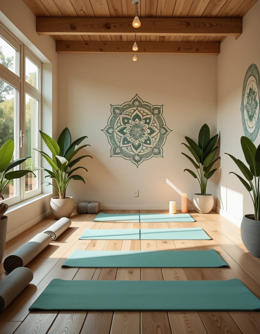 A serene and minimalist yoga studio, filled with natural light streaming through large floor-to-ceiling windows. The space features wooden floors, potted green plants in the corners, and soft neutral tones on the walls. Rolled yoga mats, meditation cushions, and neatly stacked blocks are arranged in an orderly fashion. A few Himalayan salt lamps emit a warm glow, adding to the calming atmosphere. The studio is empty and quiet, radiating peaceful energy, with a large mandala mural painted on one wall and gentle sunlight casting soft shadows across the room.yoga stud10, <lora:yoga_stud10-i:1>, Masterpiece,best quality,hi res,8k,hi res,8k,award winning,(sharp focus, intricate, highly detailed),