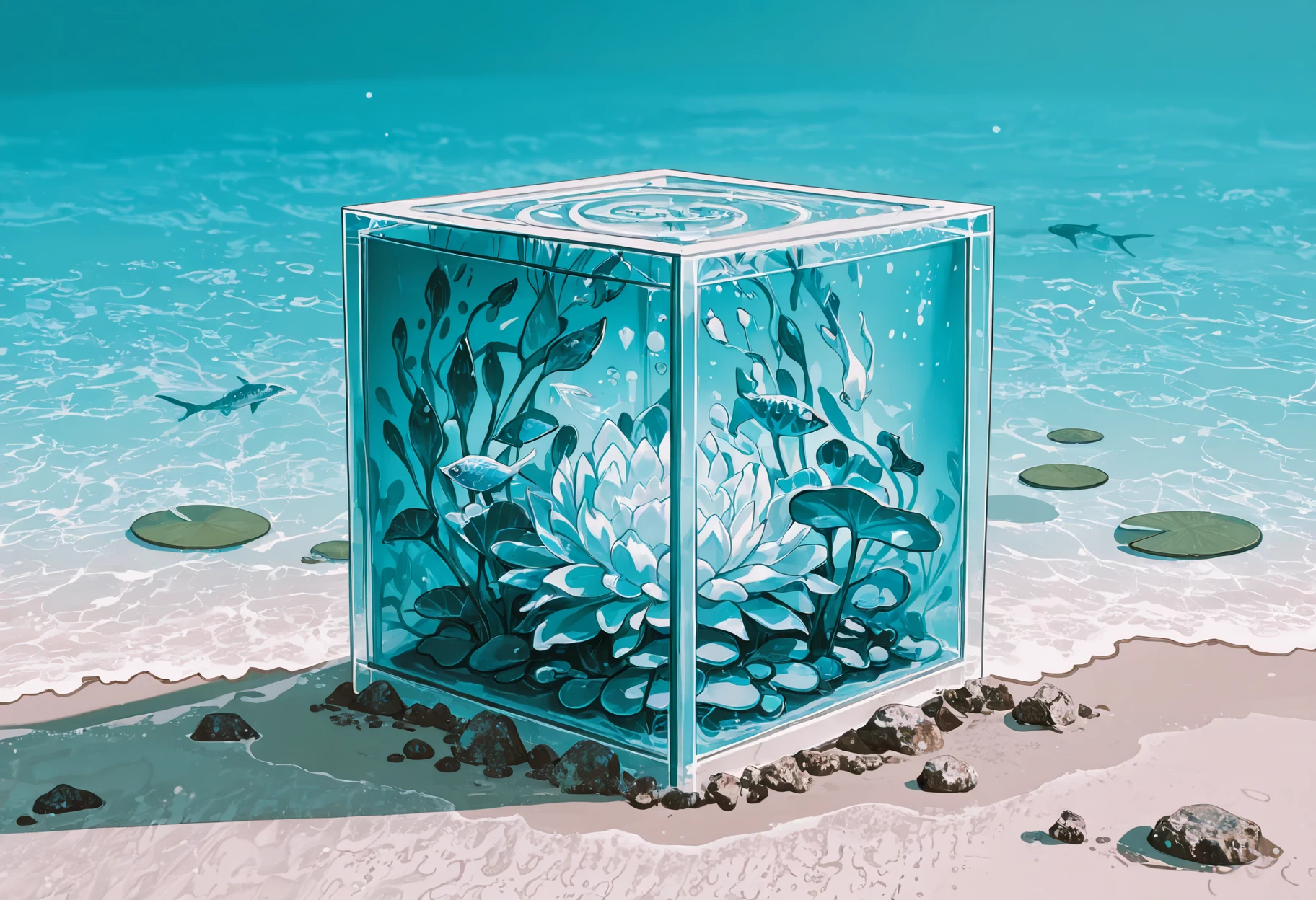 masterpiece, best quality, amazing quality, very aesthetic, absurdres, newest,
<lora:lU5RsH5L3Ugbvz3_style_illustr:1> lu5rsh5l3ugbvz3, abstract background, surreal background, abstract, surreal,
volumetric lighting, detailed shadows, detailed background,
aqua theme | blue theme | white theme | green theme,
no humans, water, river, water lily pad, sunlight, sunlight reflections, depth of field, fish, multiple fish, multicolored fish, fish under water, fish submerged, round stones, rocky stones, rocks, sharp rocks, fish in aquarium, glass box, glass, transparent glass, aquarium box standing on shore, aquarium box standing on sand, aquarium box on metal rig, aquarium box on metal pillars