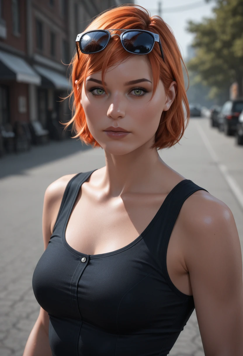 masterpiece, very aesthetic, best quality, absurdres, newest, solo,
<lora:ILMEFShepard:1>
MEFShepard, 1girl, orange hair, short hair, green eyes, looking at viewer, sunglasses, eyewear on head, blurry background, realistic, outdoors, sleeveless, depth of field, shirt